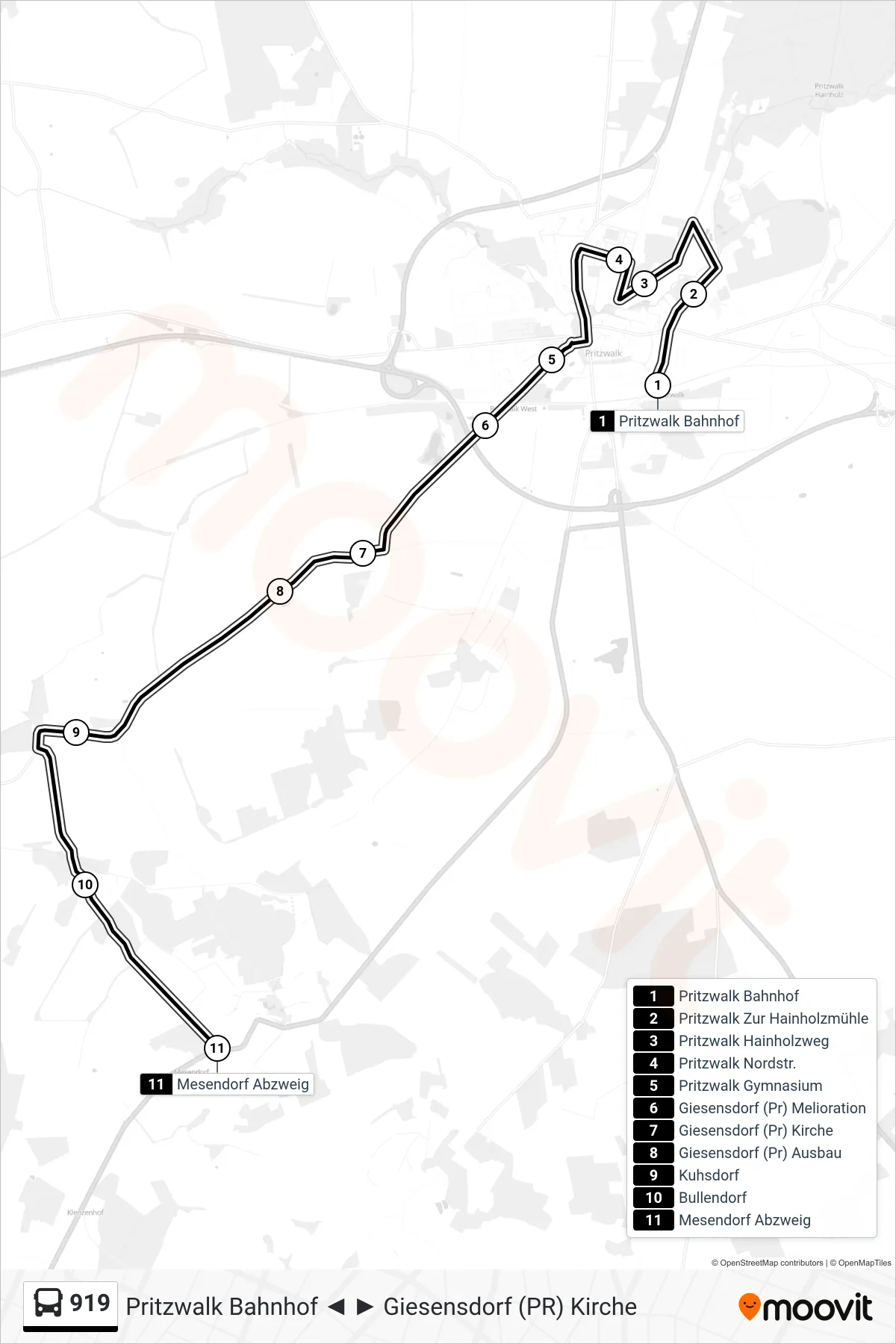 919 bus Line (Mesendorf Abzweig) route and stops on a map