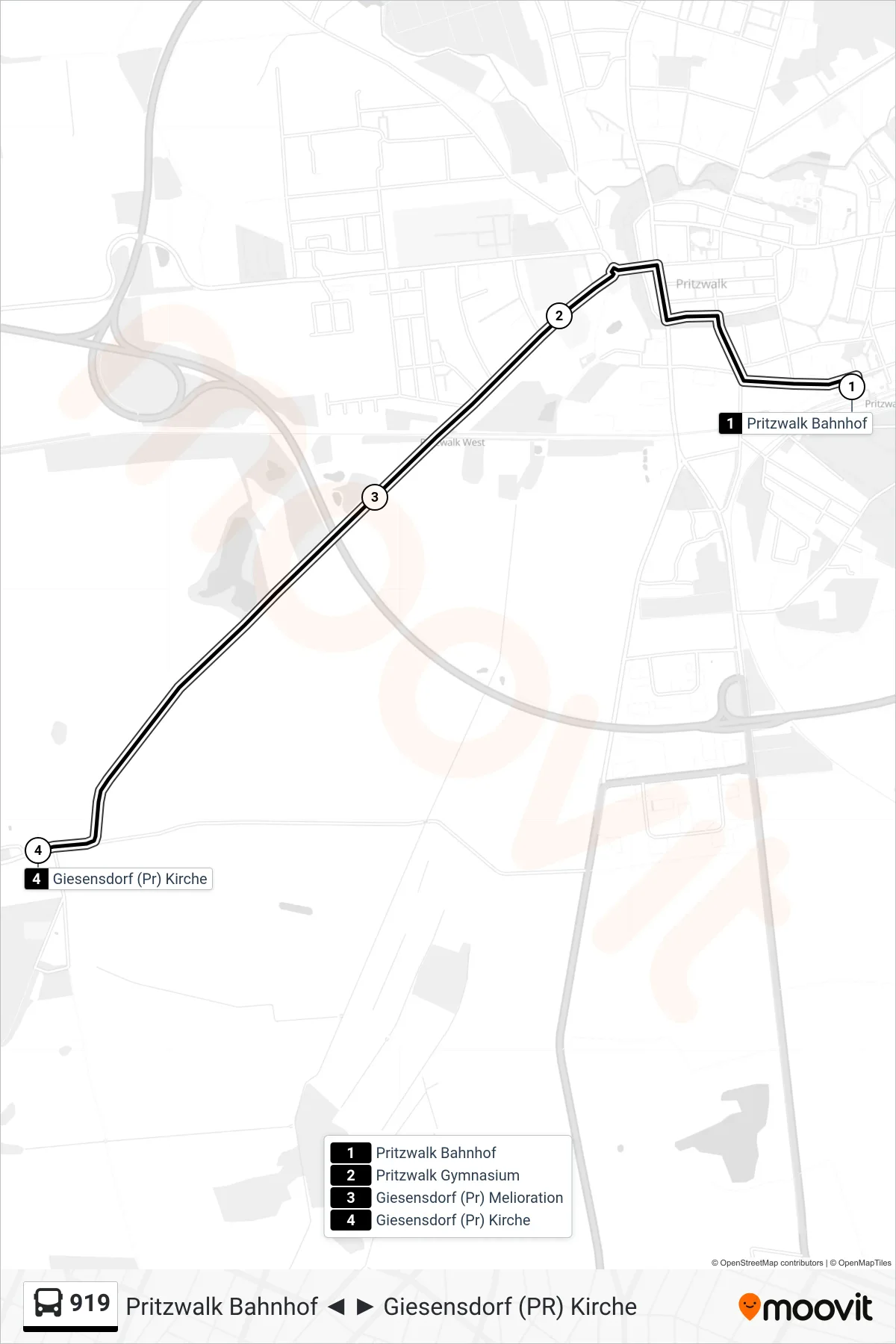 Linie 919 (Bus) Richtung Giesensdorf (Pr) Kirche: Route und Haltestellen auf der Karte
