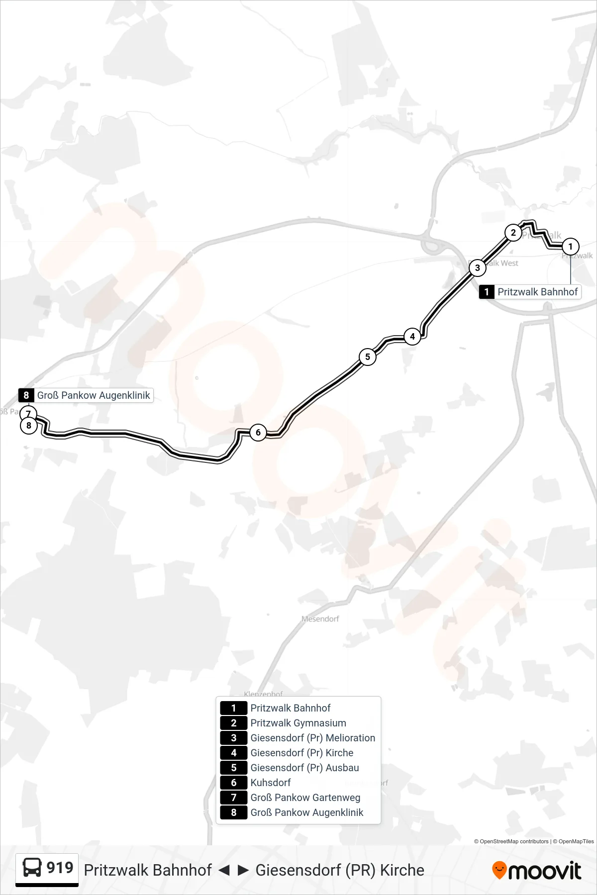 Linie 919 (Bus) Richtung Groß Pankow Augenklinik: Route und Haltestellen auf der Karte
