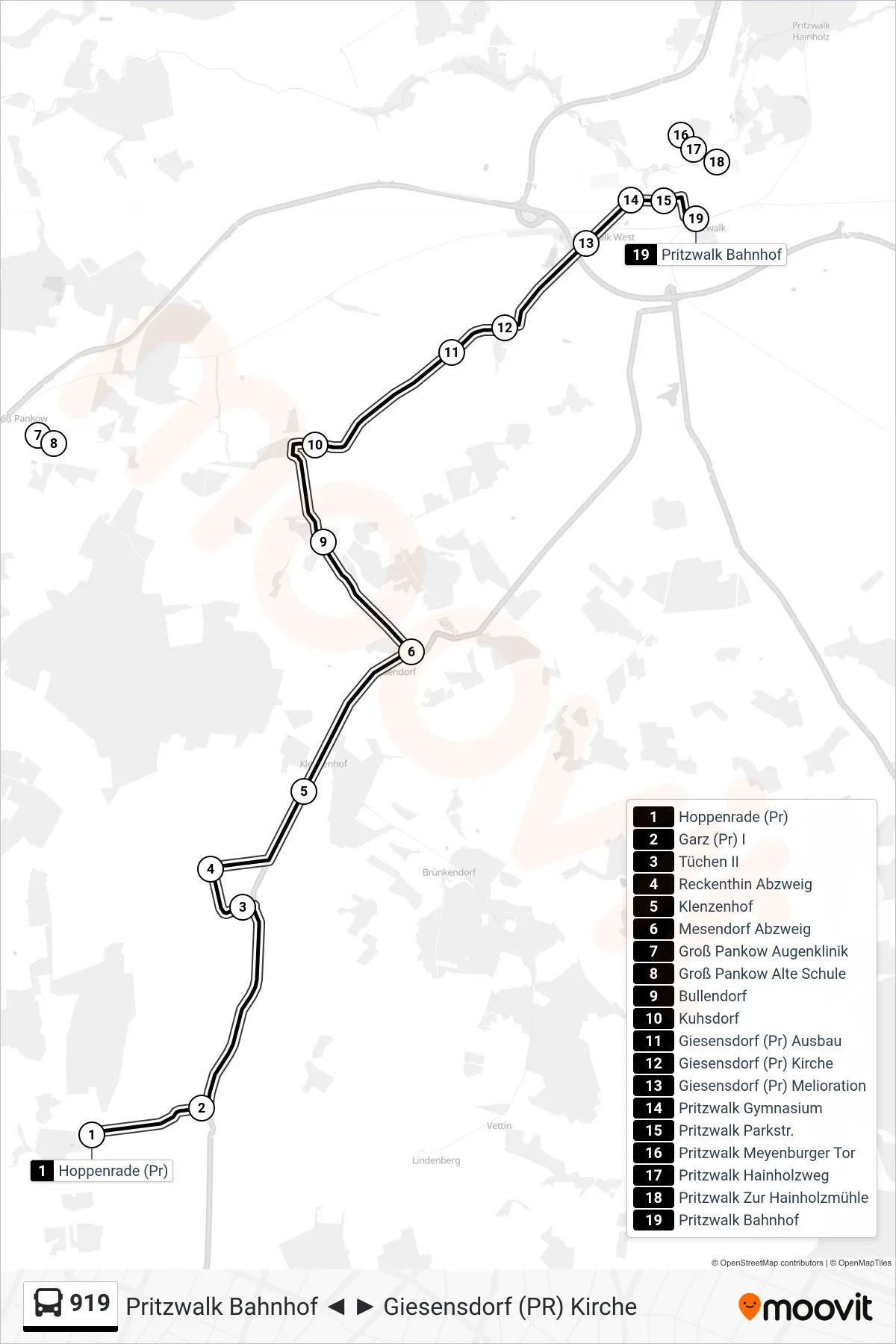 919 bus Line (Pritzwalk Bahnhof) route and stops on a map