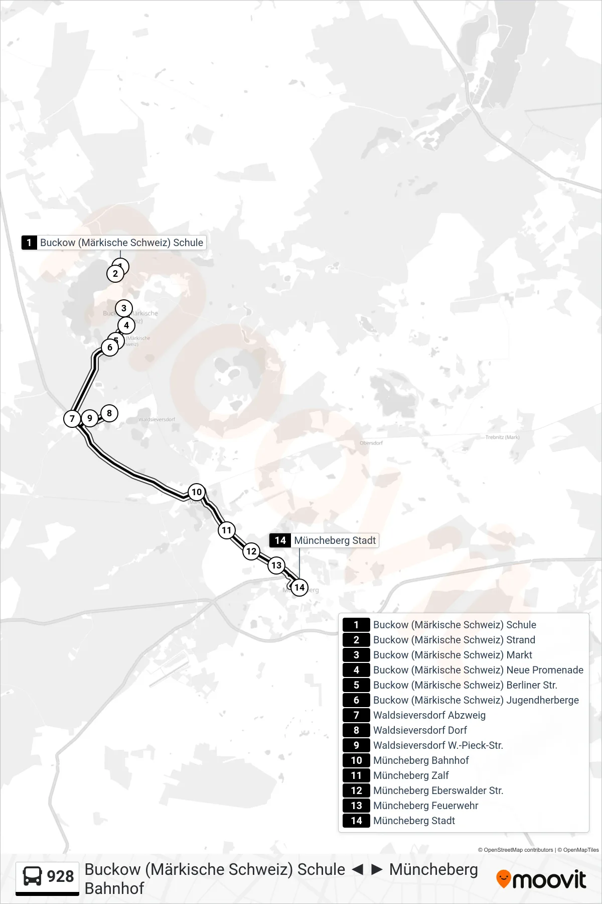 Linie 928 (Bus) Richtung Müncheberg Stadt: Route und Haltestellen auf der Karte