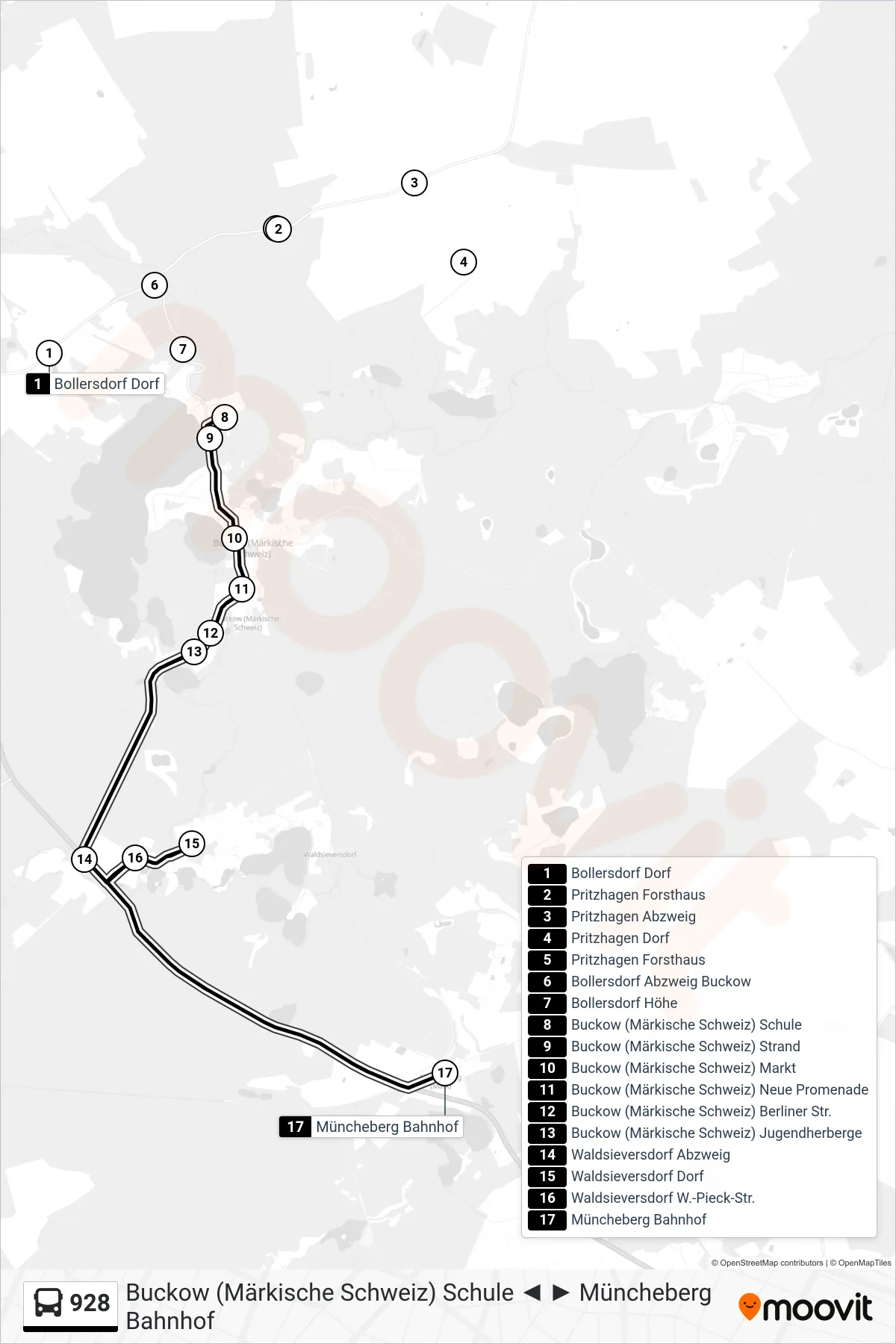Linie 928 (Bus) Richtung Müncheberg Bahnhof: Route und Haltestellen auf der Karte
