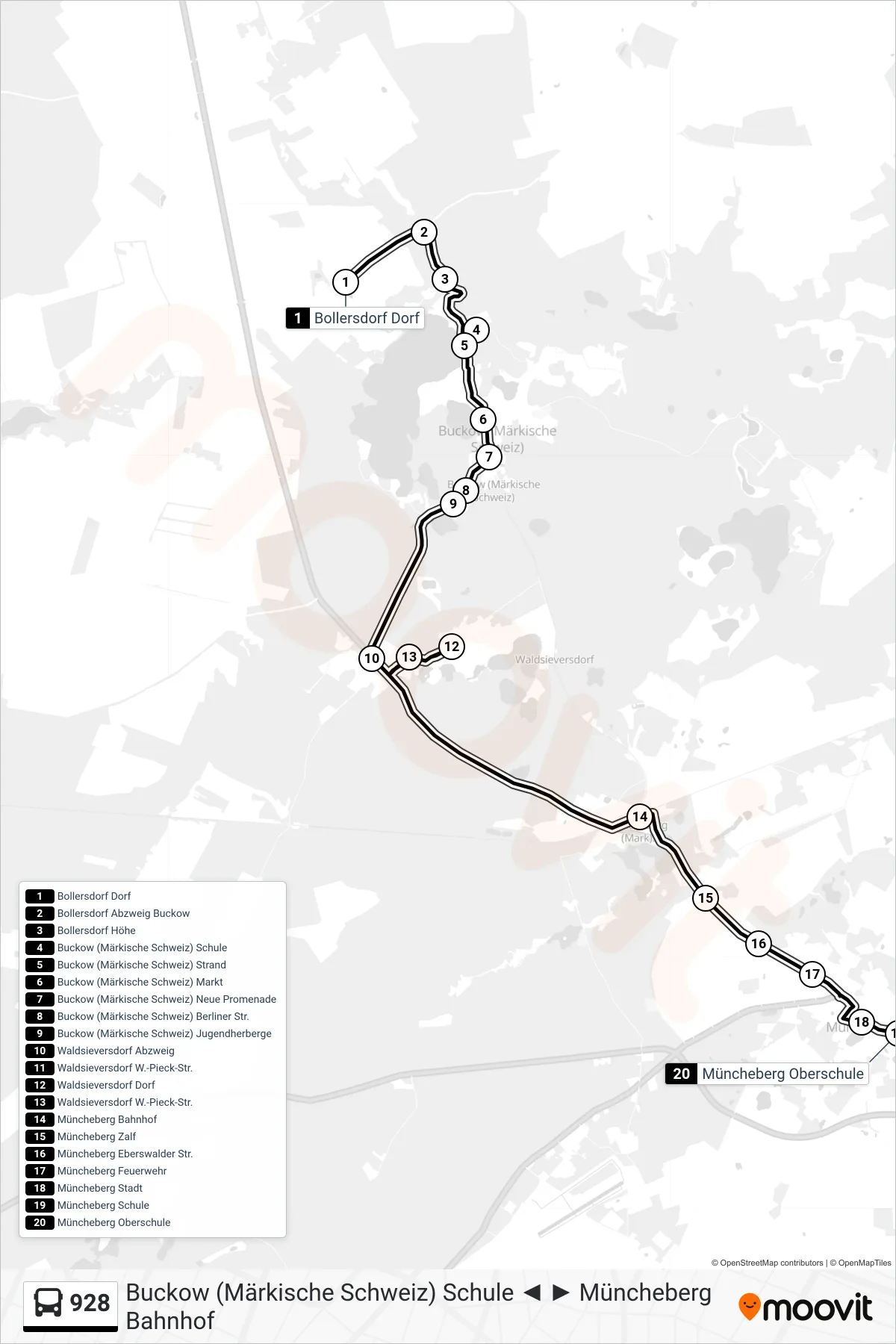 Linie 928 (Bus) Richtung Müncheberg Oberschule: Route und Haltestellen auf der Karte