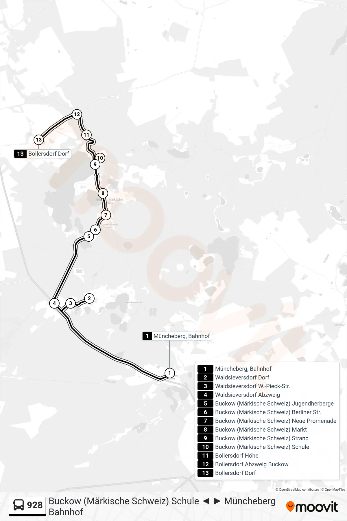 Linie 928 (Bus) Richtung Bollersdorf Dorf: Route und Haltestellen auf der Karte