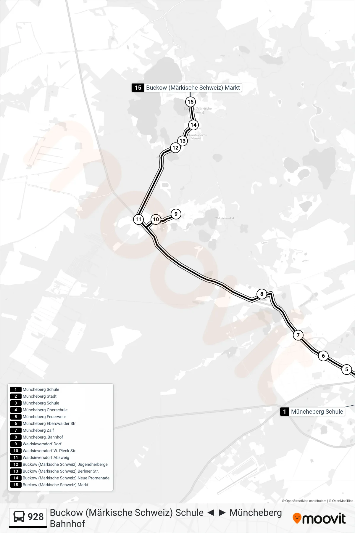 Linie 928 (Bus) Richtung Buckow (Märkische Schweiz) Markt: Route und Haltestellen auf der Karte