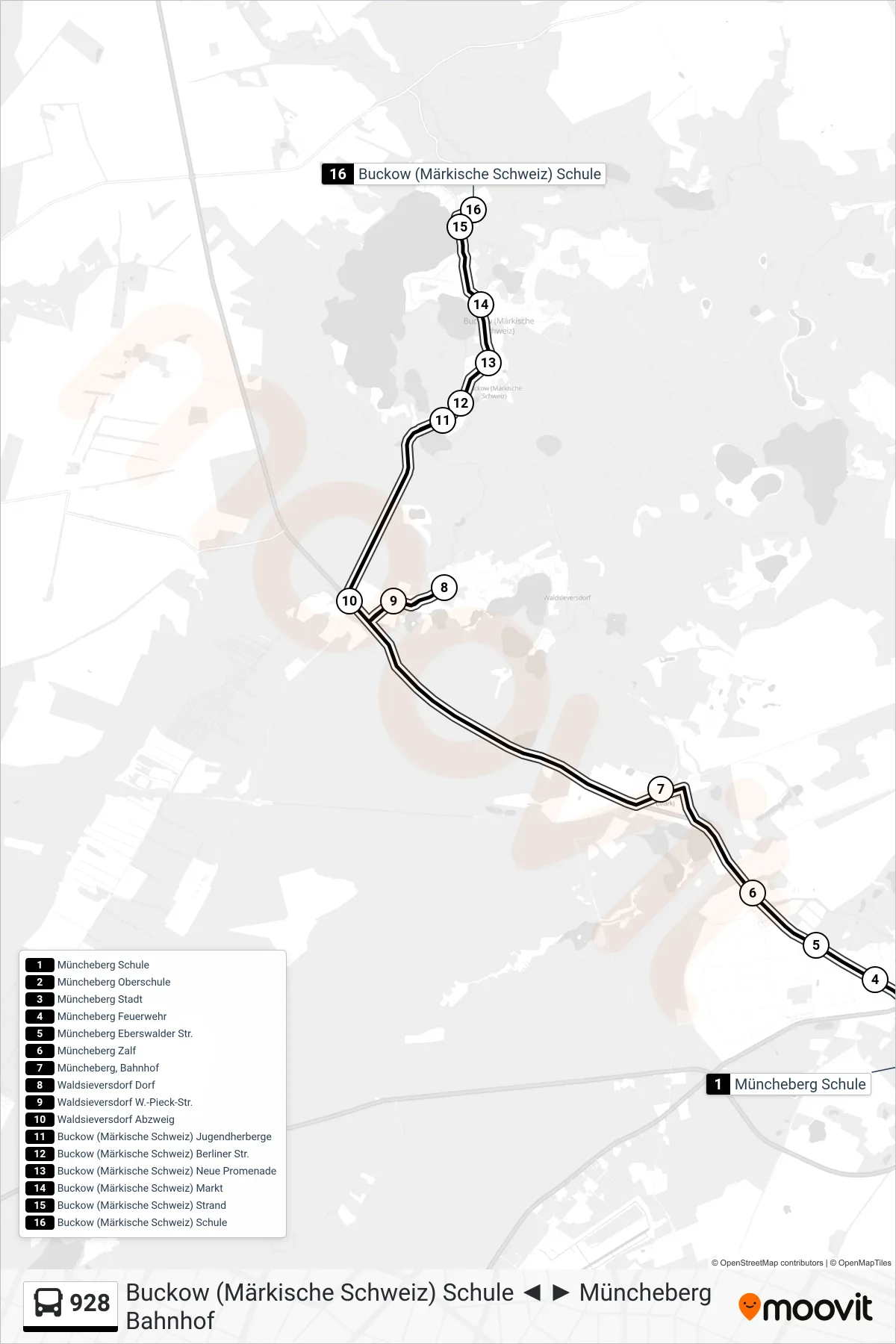 Linie 928 (Bus) Richtung Buckow (Märkische Schweiz) Schule: Route und Haltestellen auf der Karte