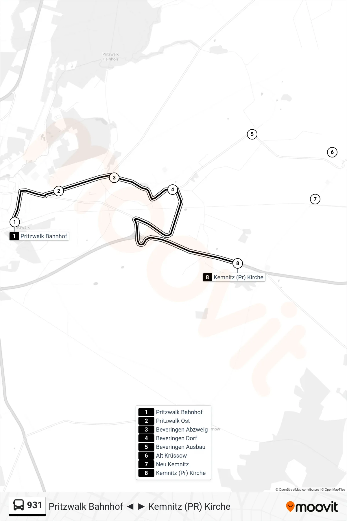 Linie 931 (Bus) Richtung Kemnitz (Pr) Kirche: Route und Haltestellen auf der Karte