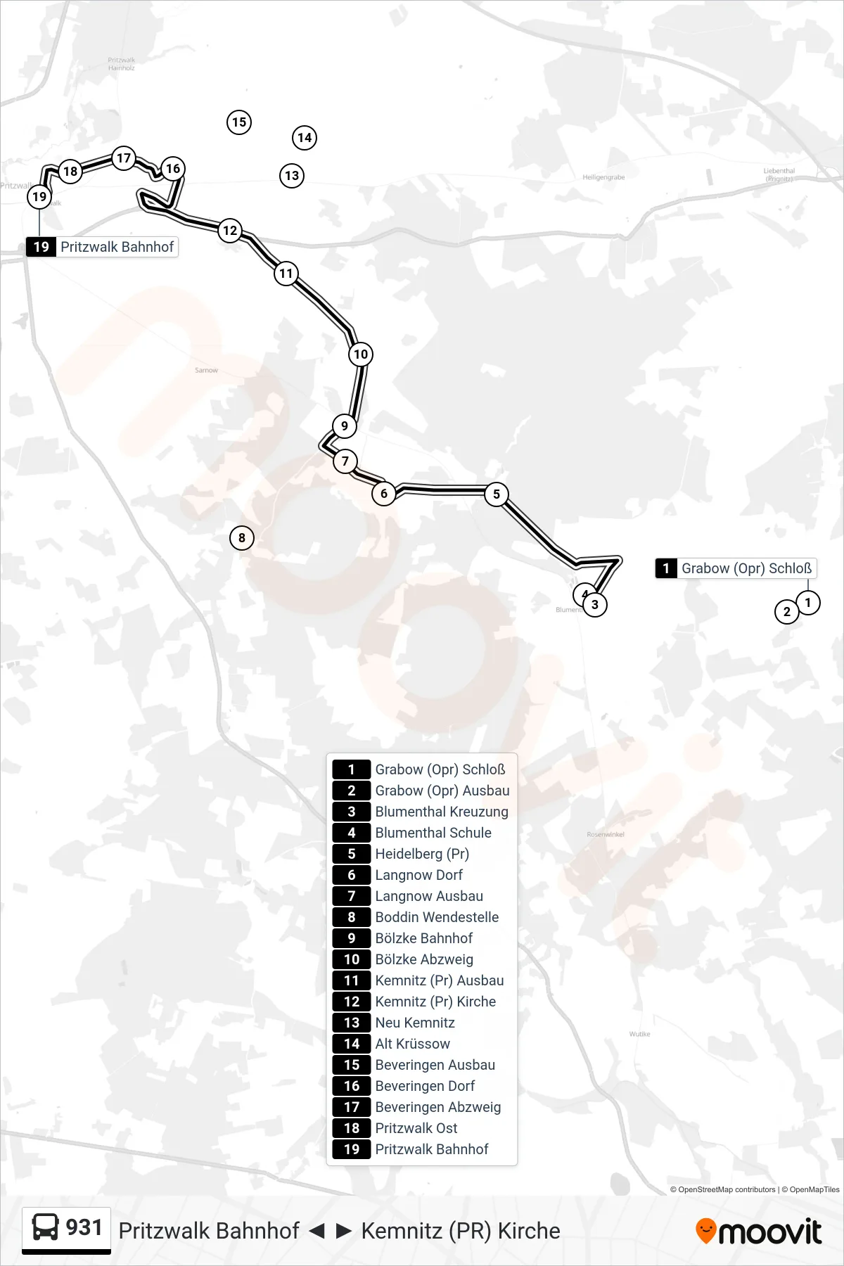 Linie 931 (Bus) Richtung Pritzwalk Bahnhof: Route und Haltestellen auf der Karte