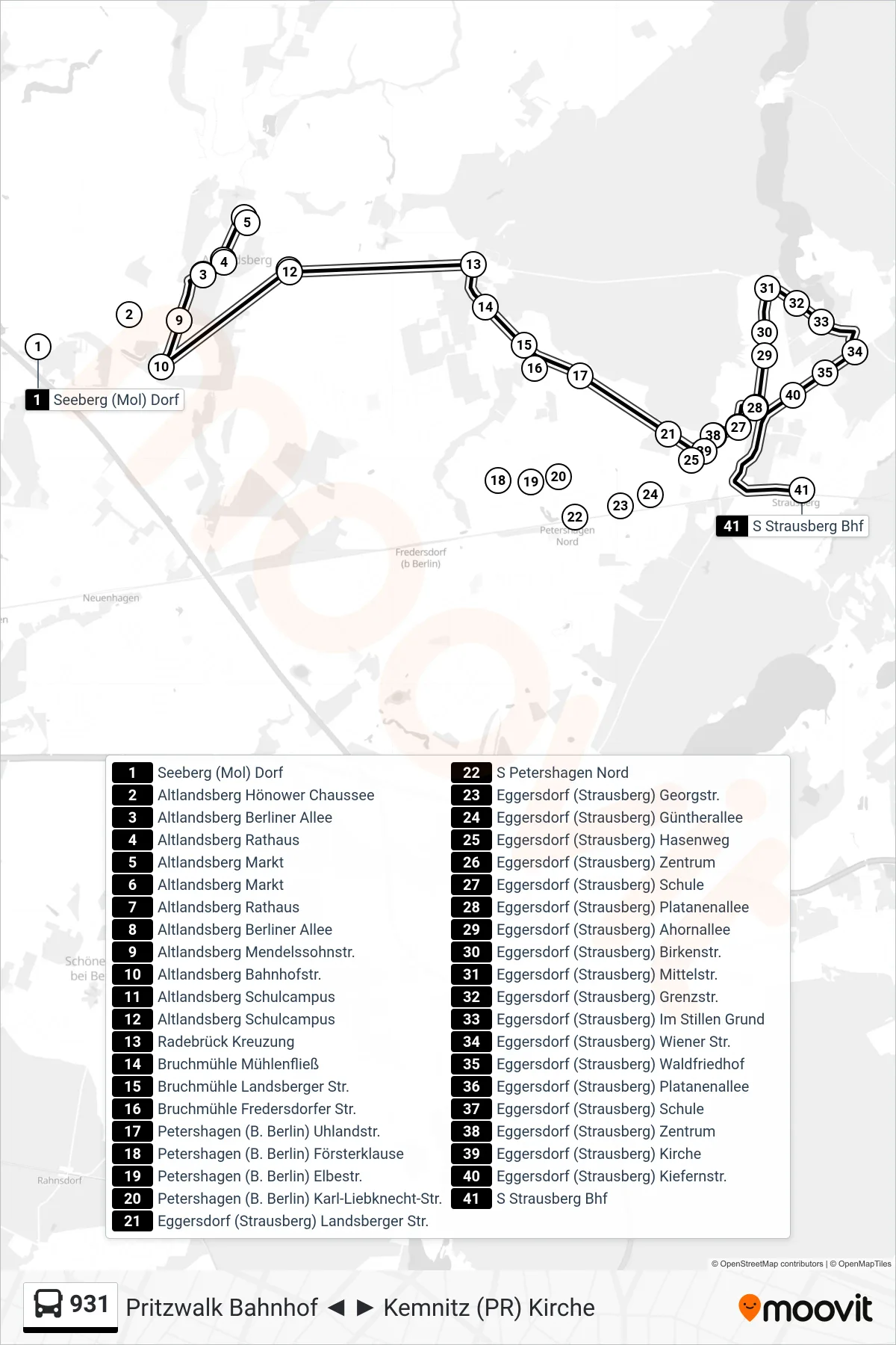 Linie 931 (Bus) Richtung S Strausberg Bhf: Route und Haltestellen auf der Karte
