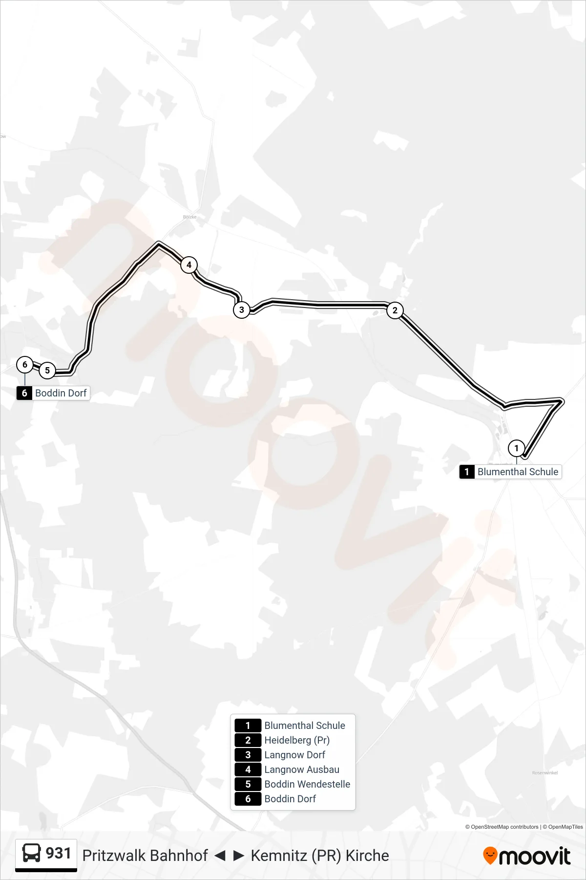 Linie 931 (Bus) Richtung Boddin Dorf: Route und Haltestellen auf der Karte