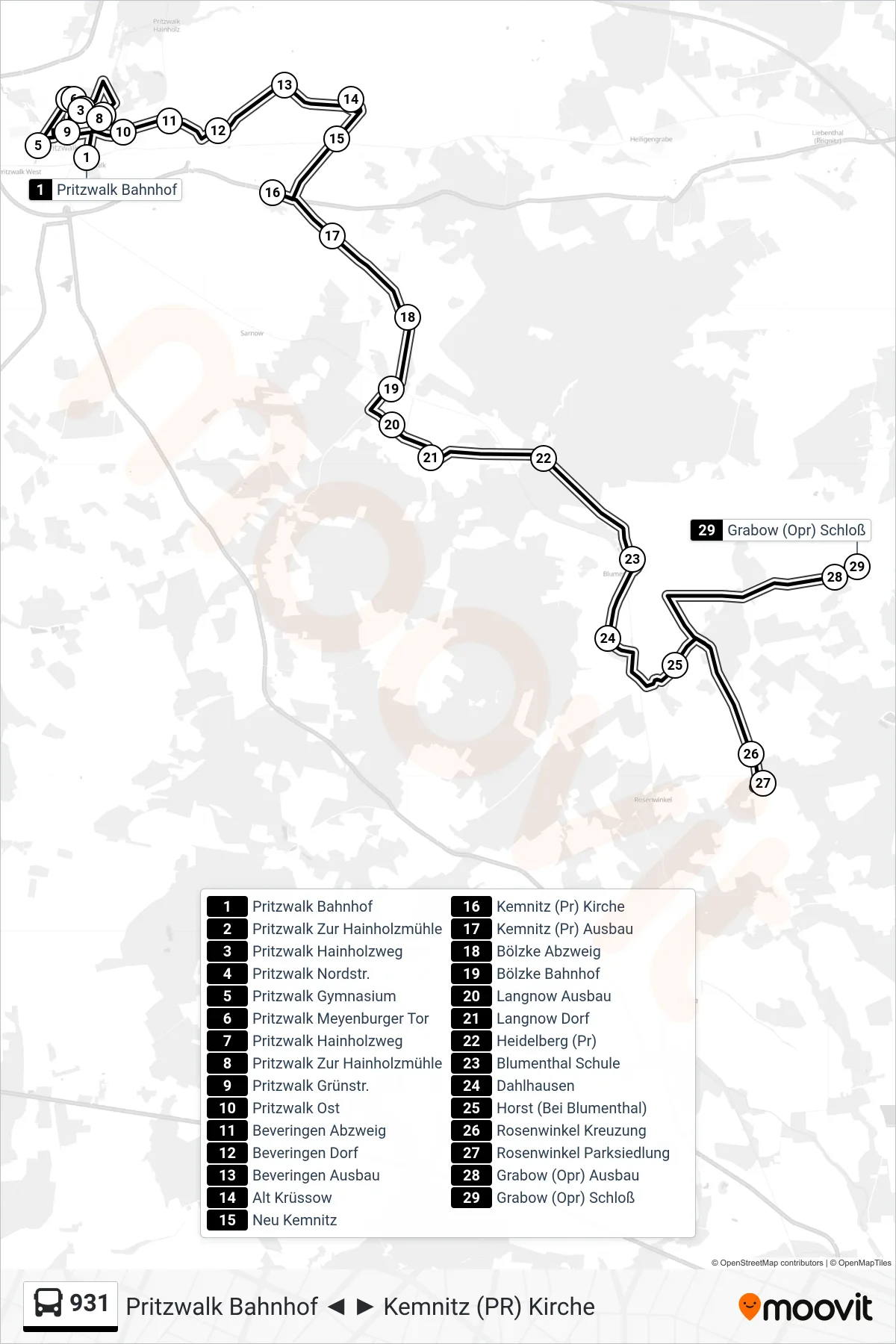 Linie 931 (Bus) Richtung Grabow (Opr) Schloß: Route und Haltestellen auf der Karte