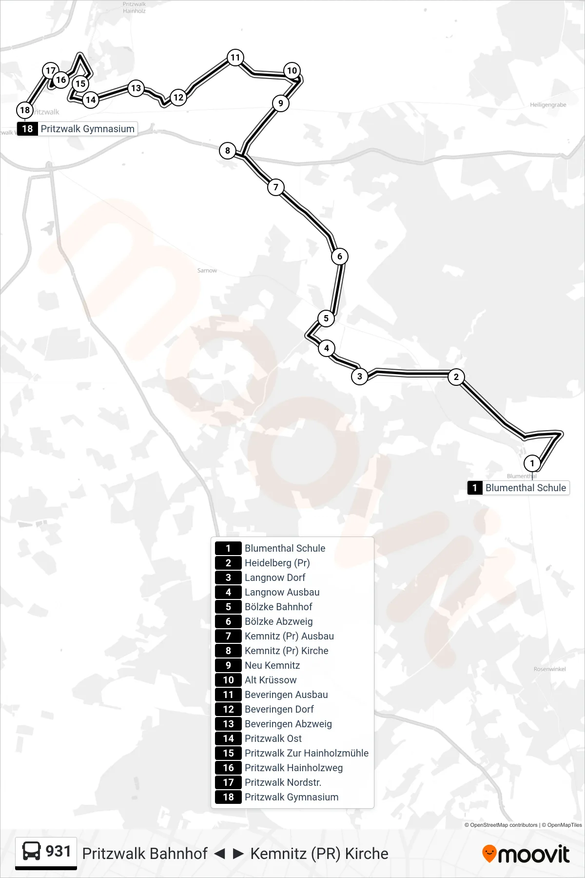 931 bus Line (Pritzwalk Gymnasium) route and stops on a map
