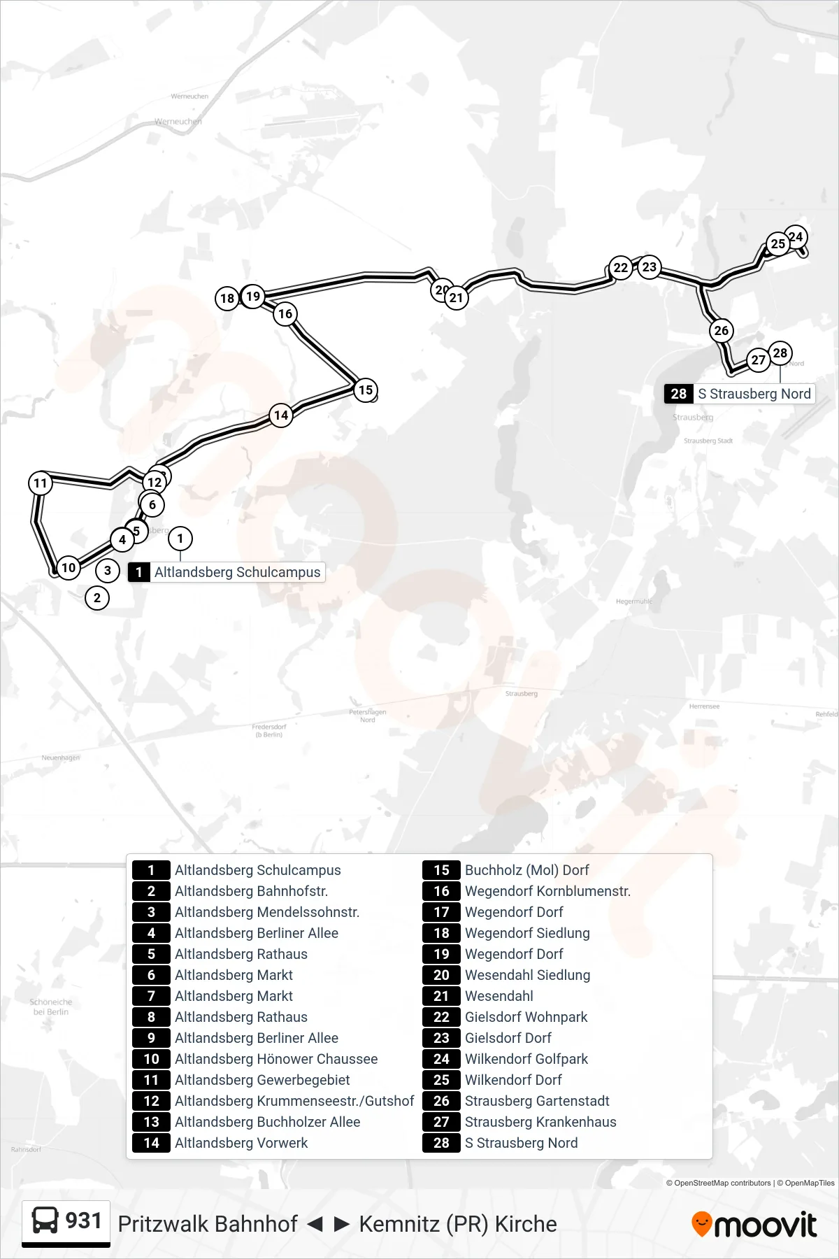 Linie 931 (Bus) Richtung S Strausberg Nord: Route und Haltestellen auf der Karte