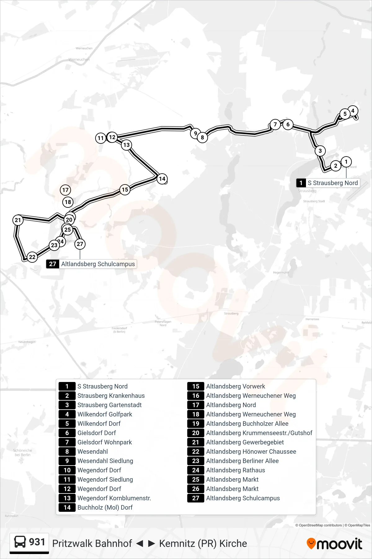 931 bus Line (Altlandsberg Schulcampus) route and stops on a map