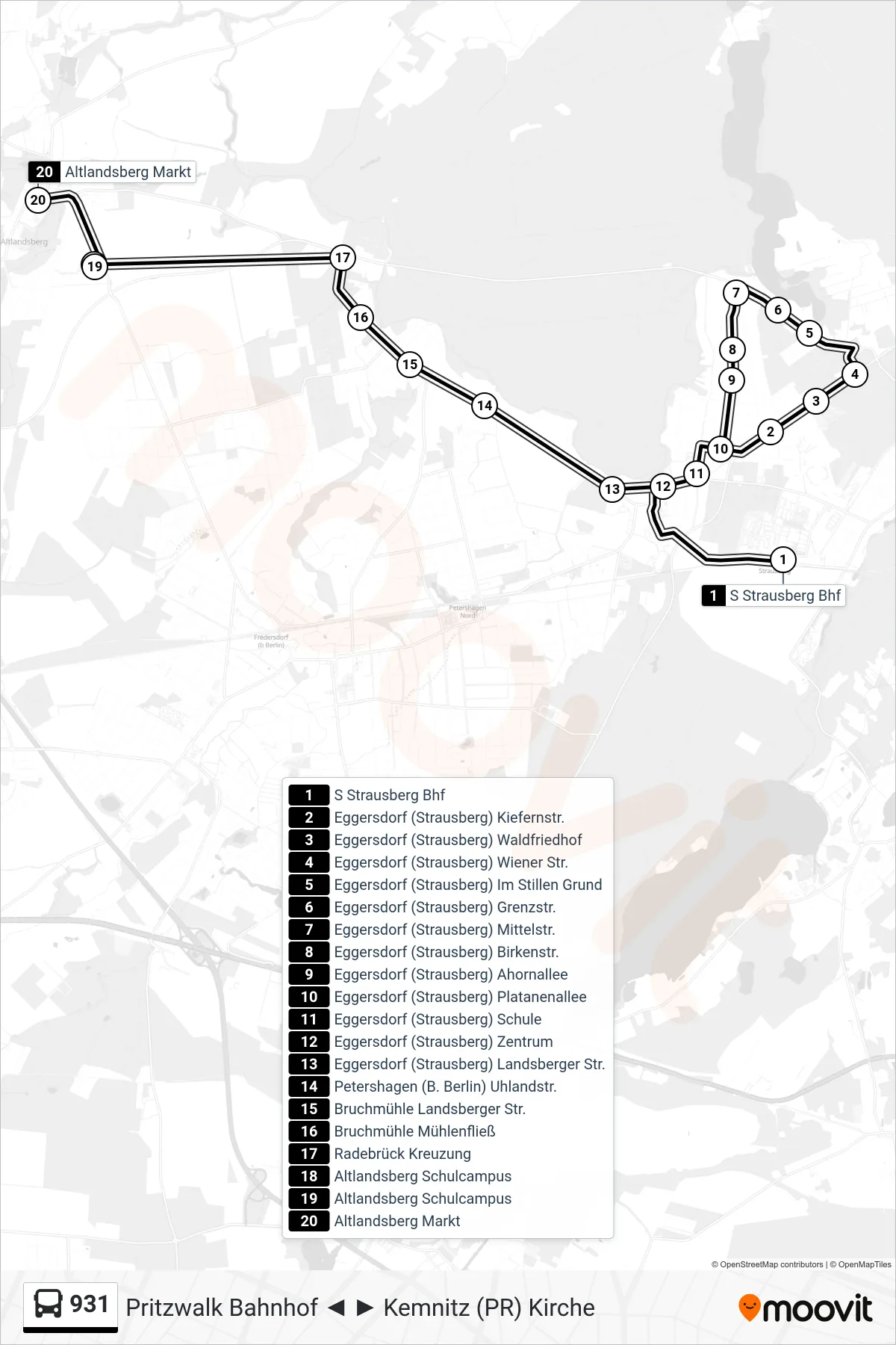Linie 931 (Bus) Richtung Altlandsberg Markt: Route und Haltestellen auf der Karte