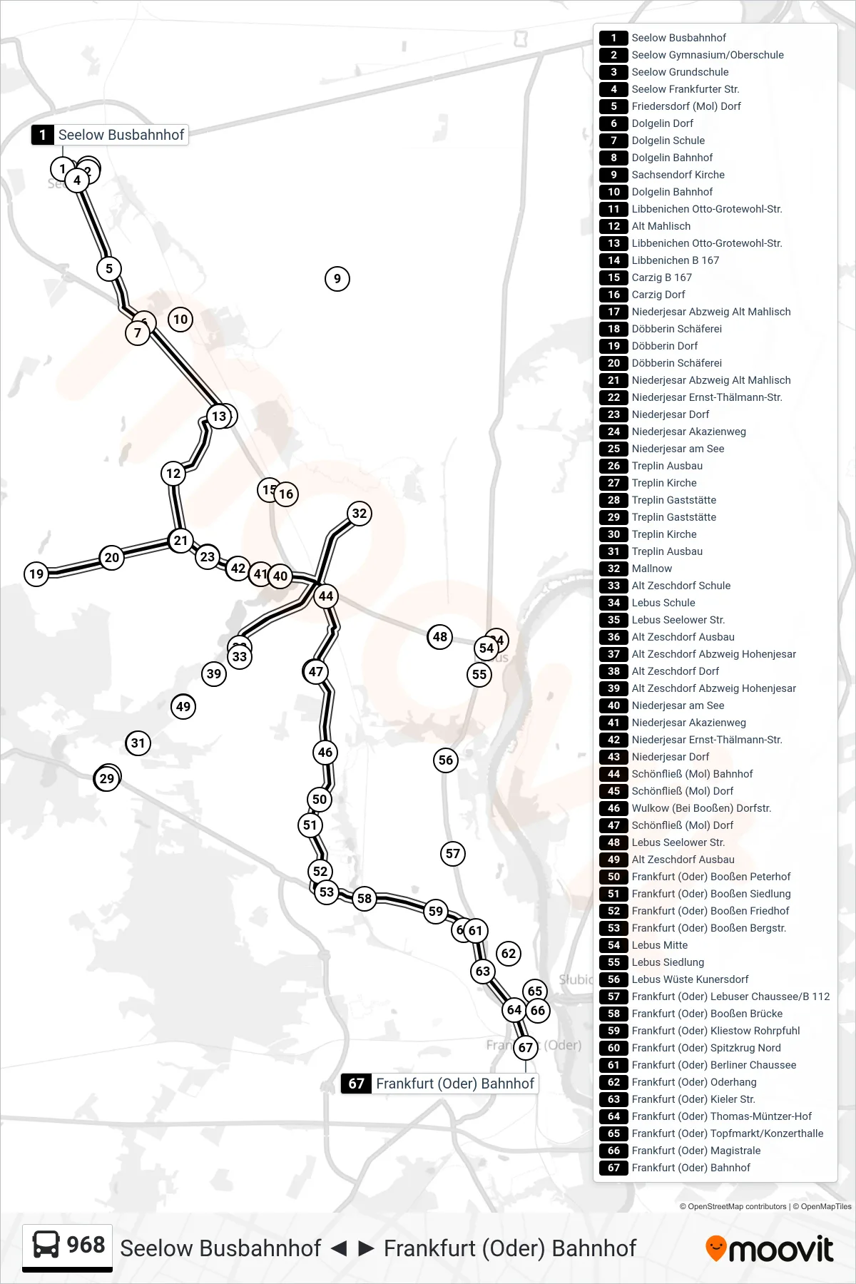 Linie 968 (Bus) Richtung Frankfurt (Oder) Bahnhof: Route und Haltestellen auf der Karte