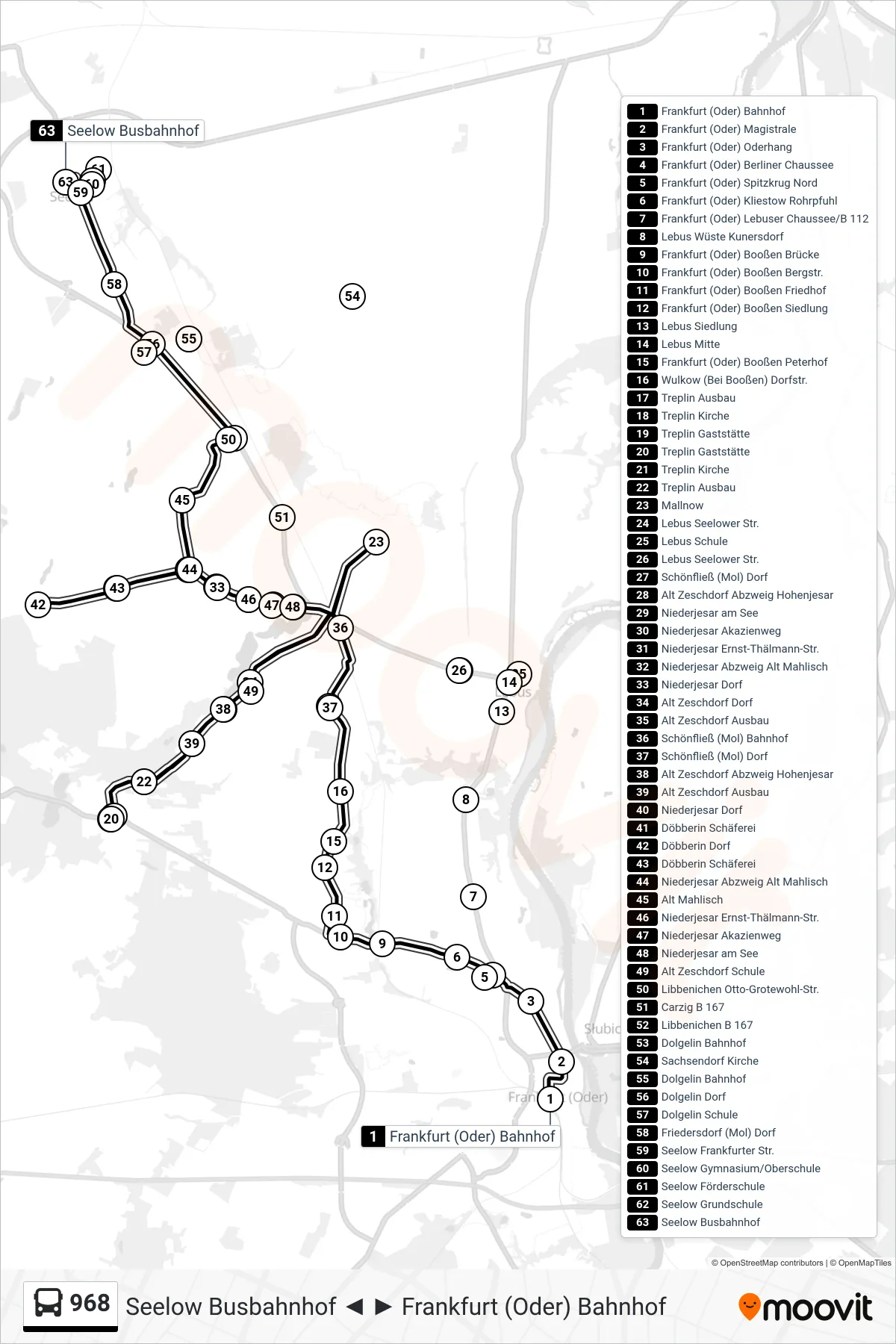 968 bus Line (Seelow Busbahnhof) route and stops on a map