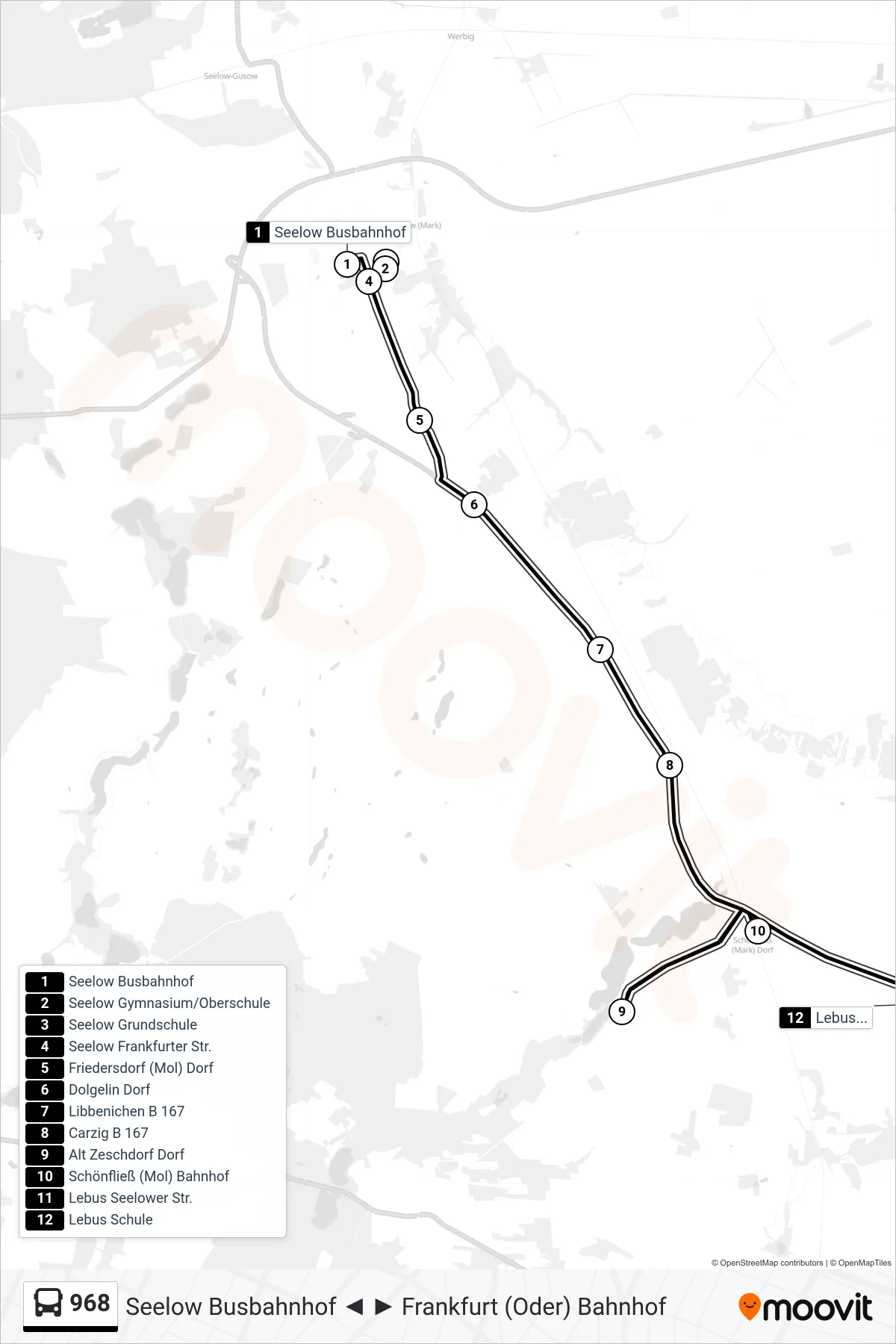 968 bus Line (Lebus Schule) route and stops on a map