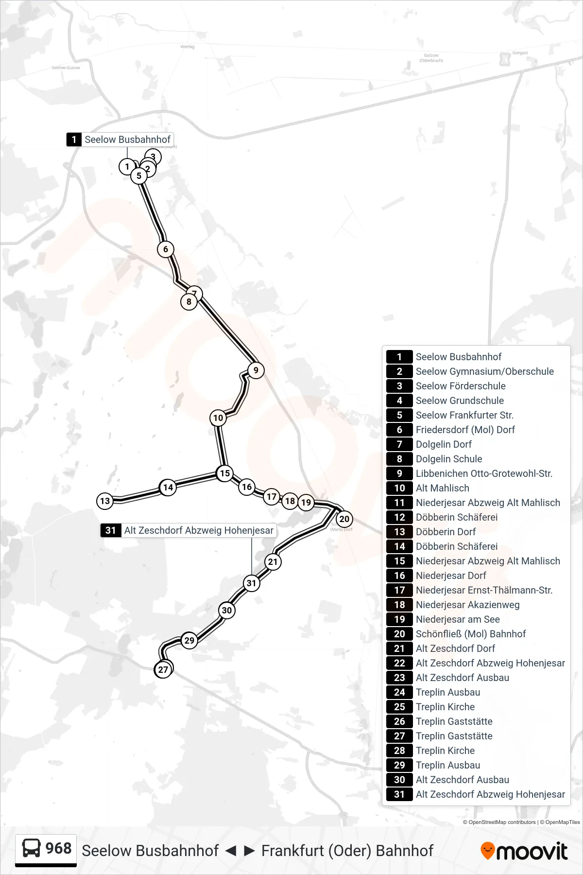 968 bus Line (Alt Zeschdorf Dorf) route and stops on a map