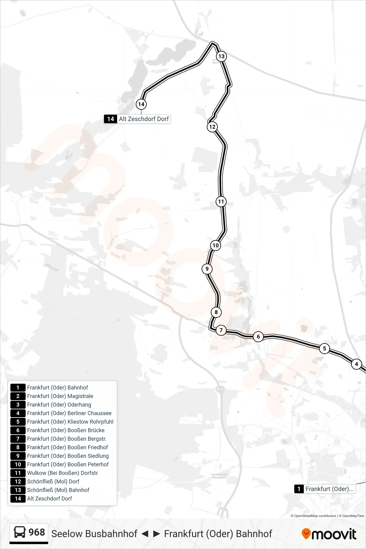 968 bus Line (Alt Zeschdorf Dorf) route and stops on a map