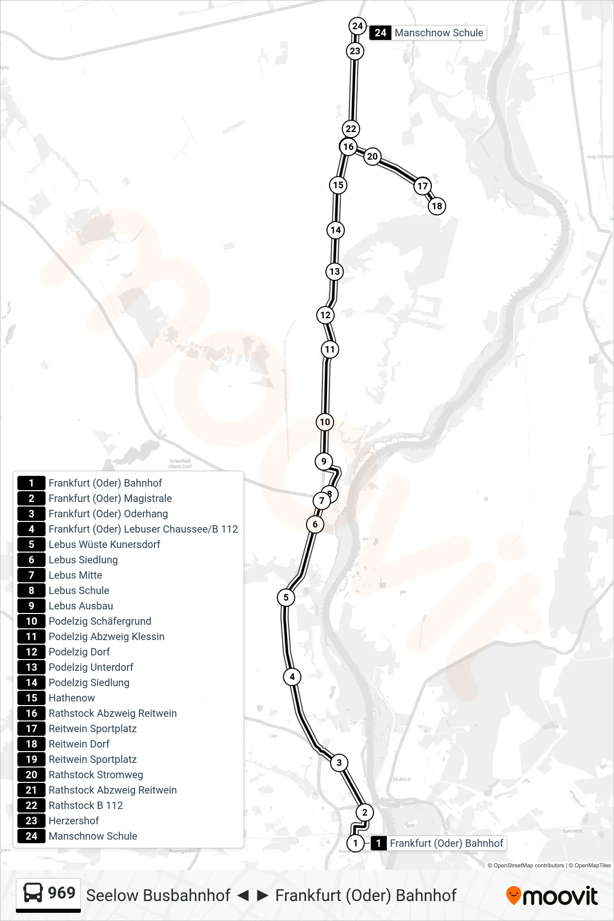 969 bus Line (Manschnow Schule) route and stops on a map