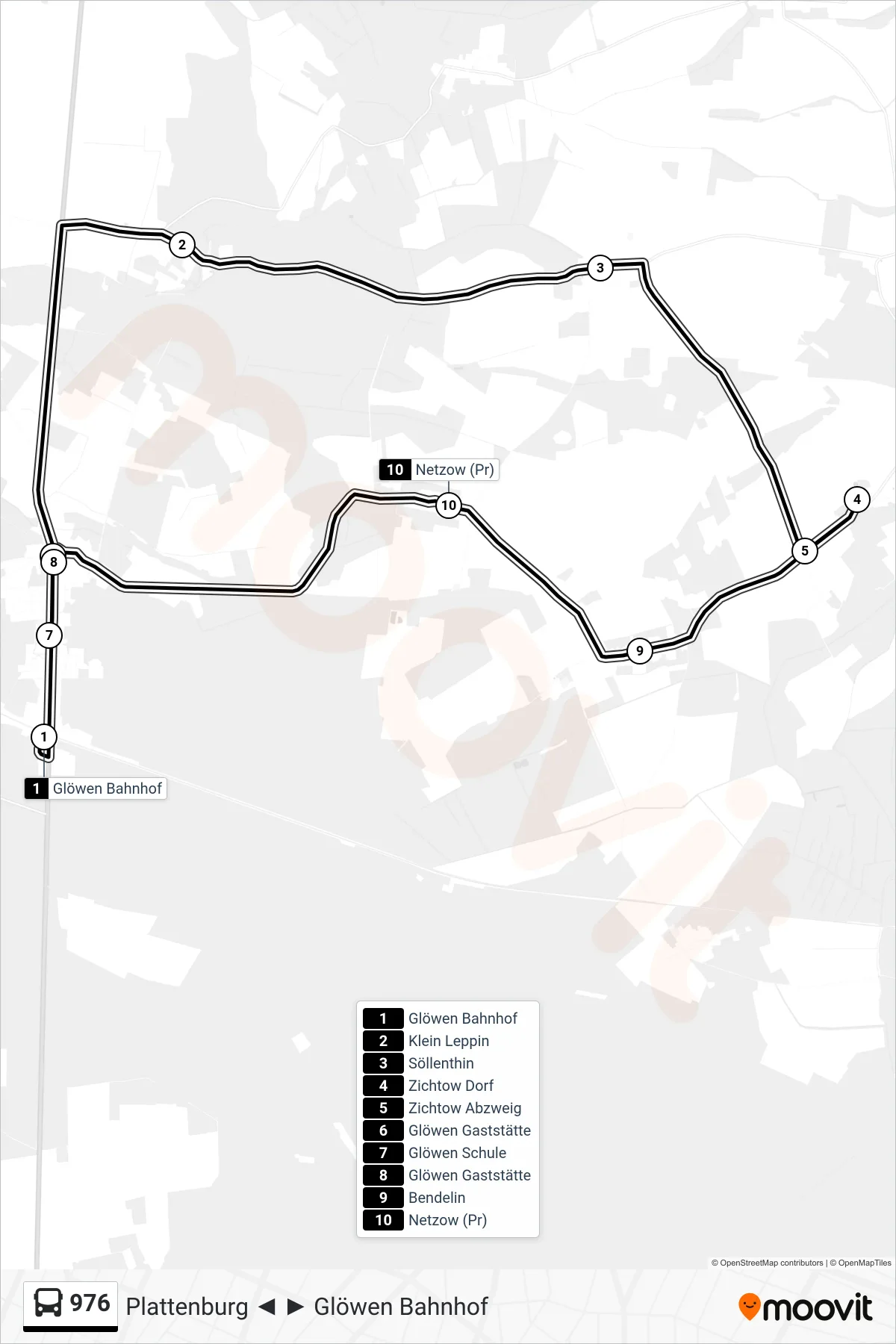 976 bus Line (Glöwen Schule) route and stops on a map