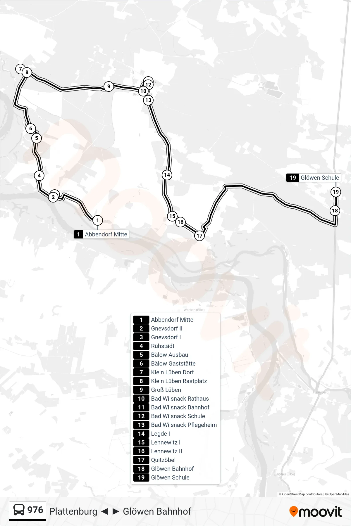 976 bus Line (Glöwen Schule) route and stops on a map
