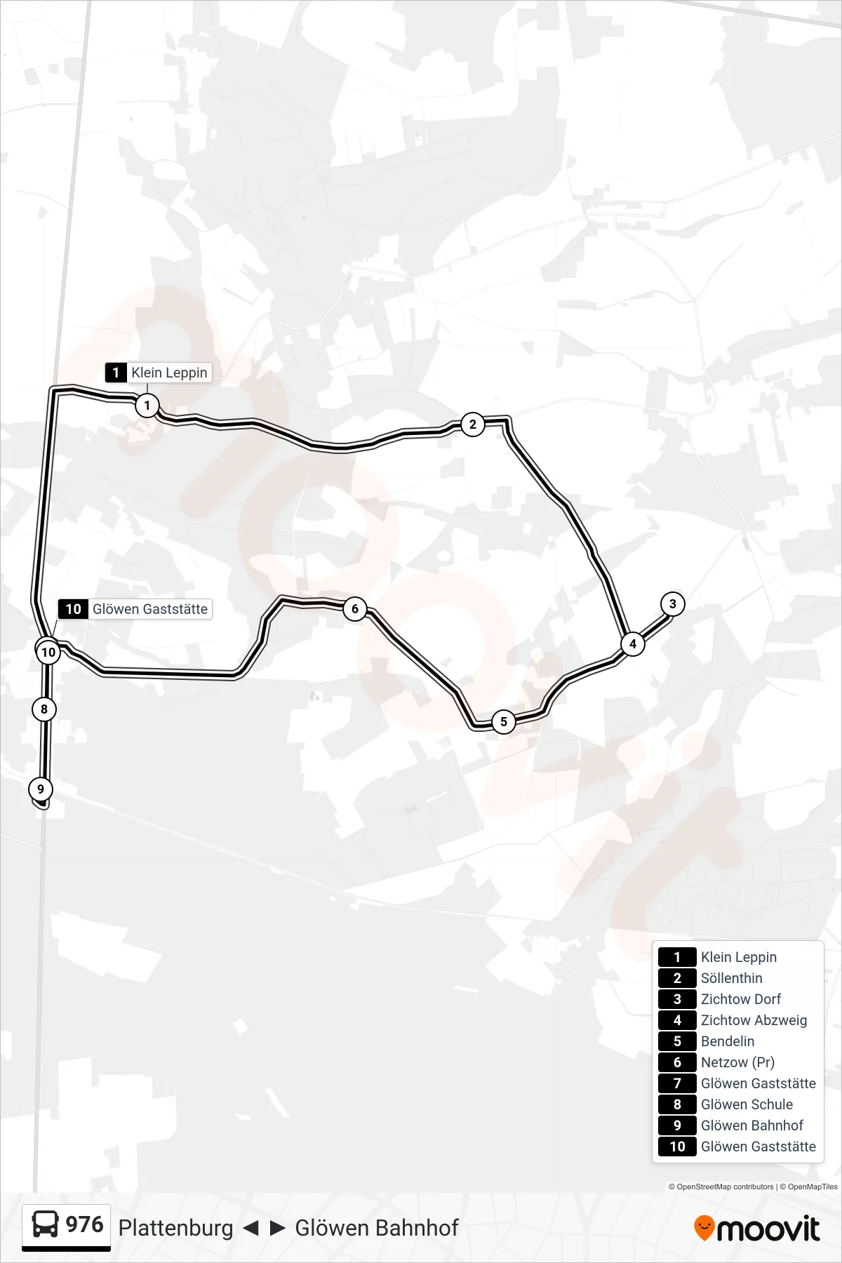 Linie 976 (Bus) Richtung Glöwen Bahnhof: Route und Haltestellen auf der Karte