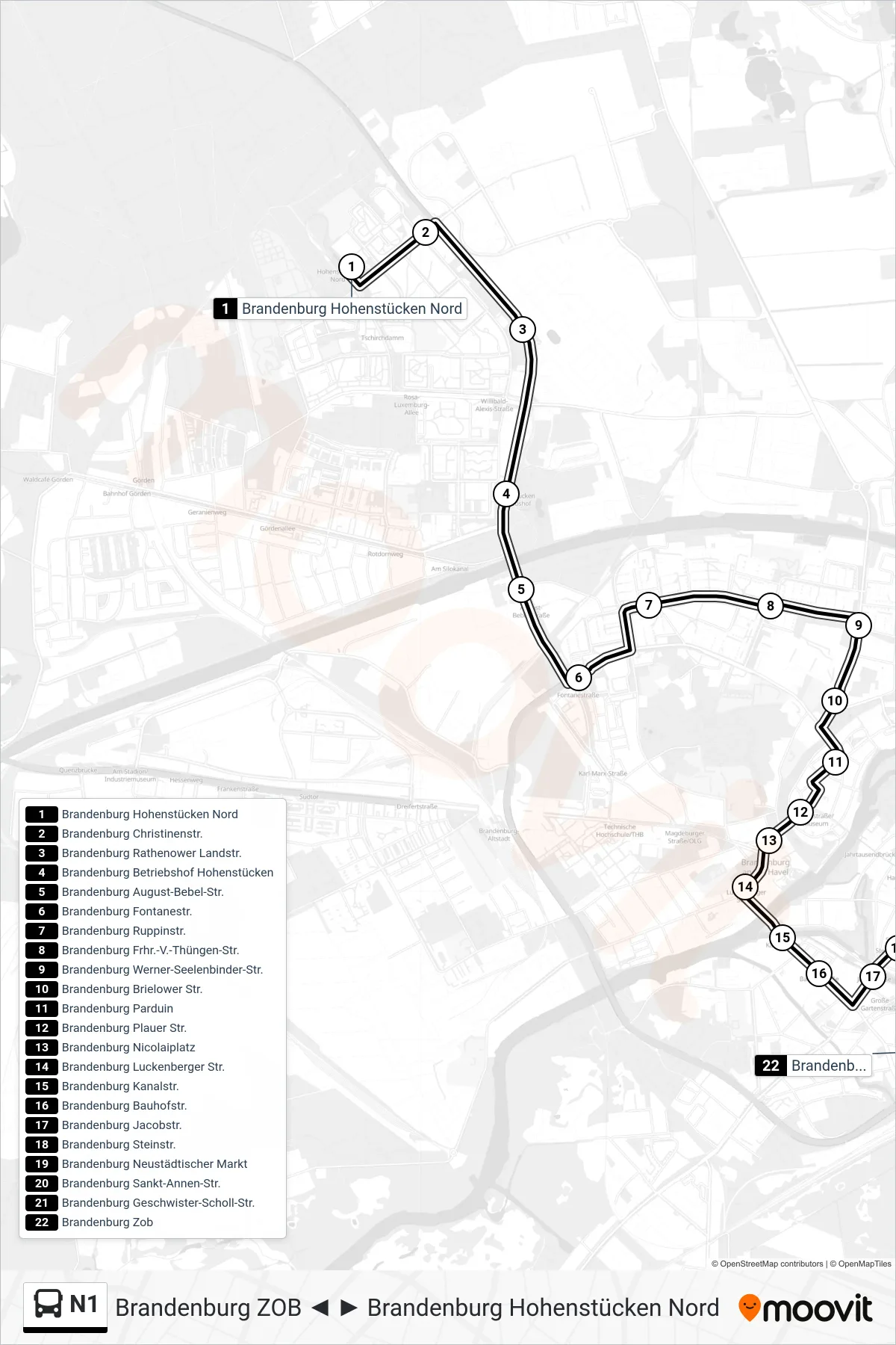 N1 bus Line (Brandenburg Zob) route and stops on a map
