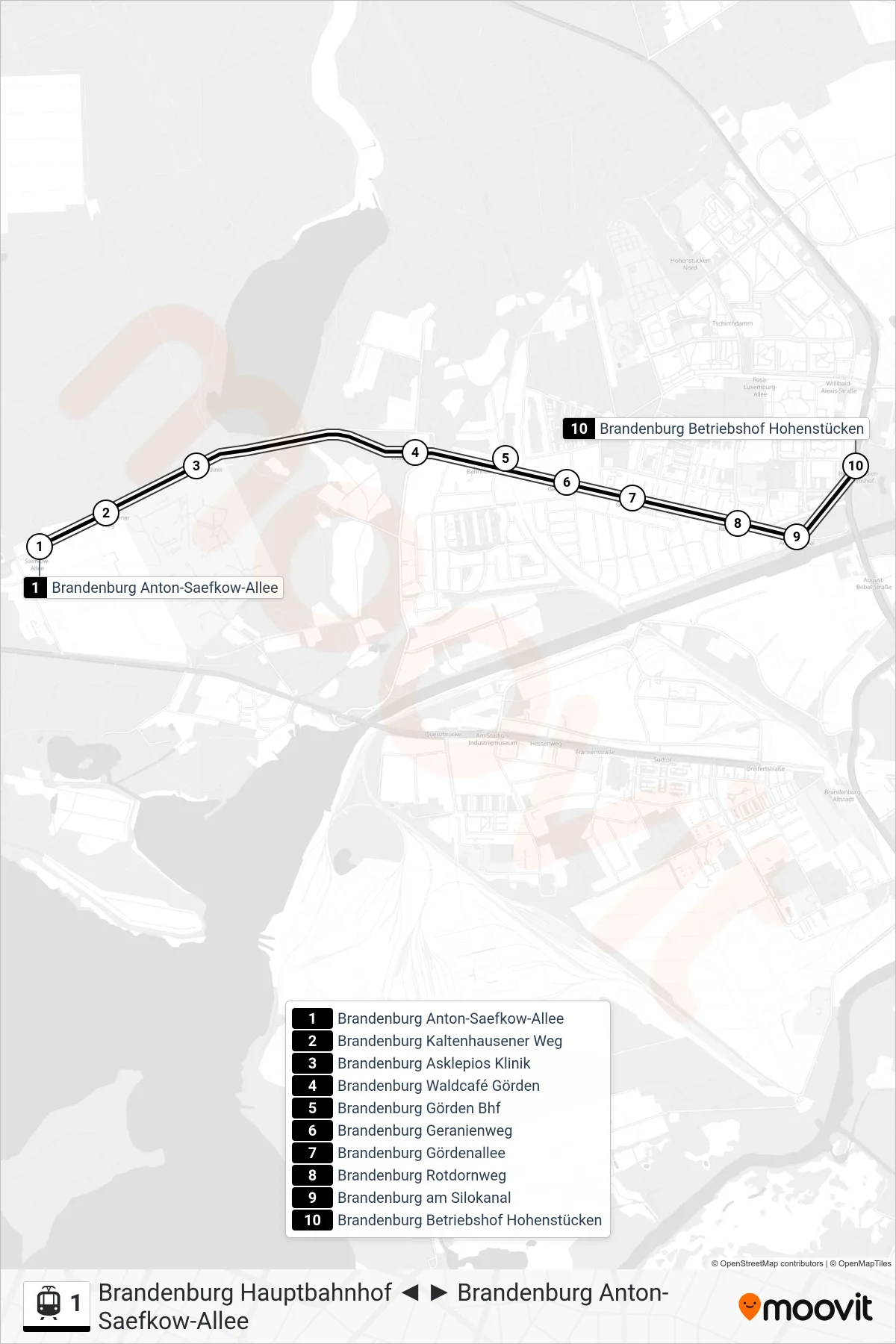 Linie 1 (Straßenbahn) Richtung Brandenburg Betriebshof Hohenstücken: Route und Haltestellen auf der Karte