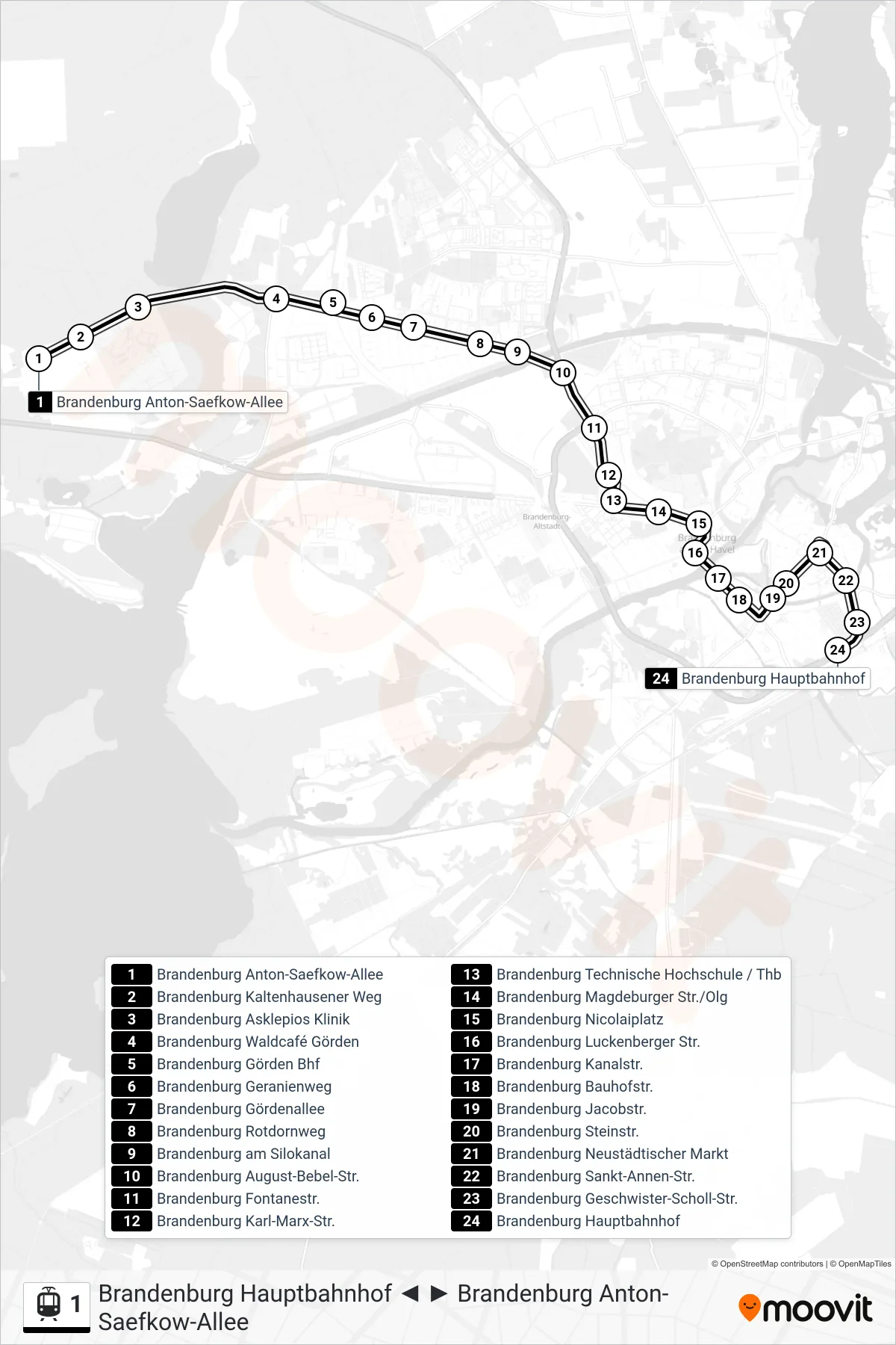Linie 1 (Straßenbahn) Richtung Brandenburg Hauptbahnhof: Route und Haltestellen auf der Karte