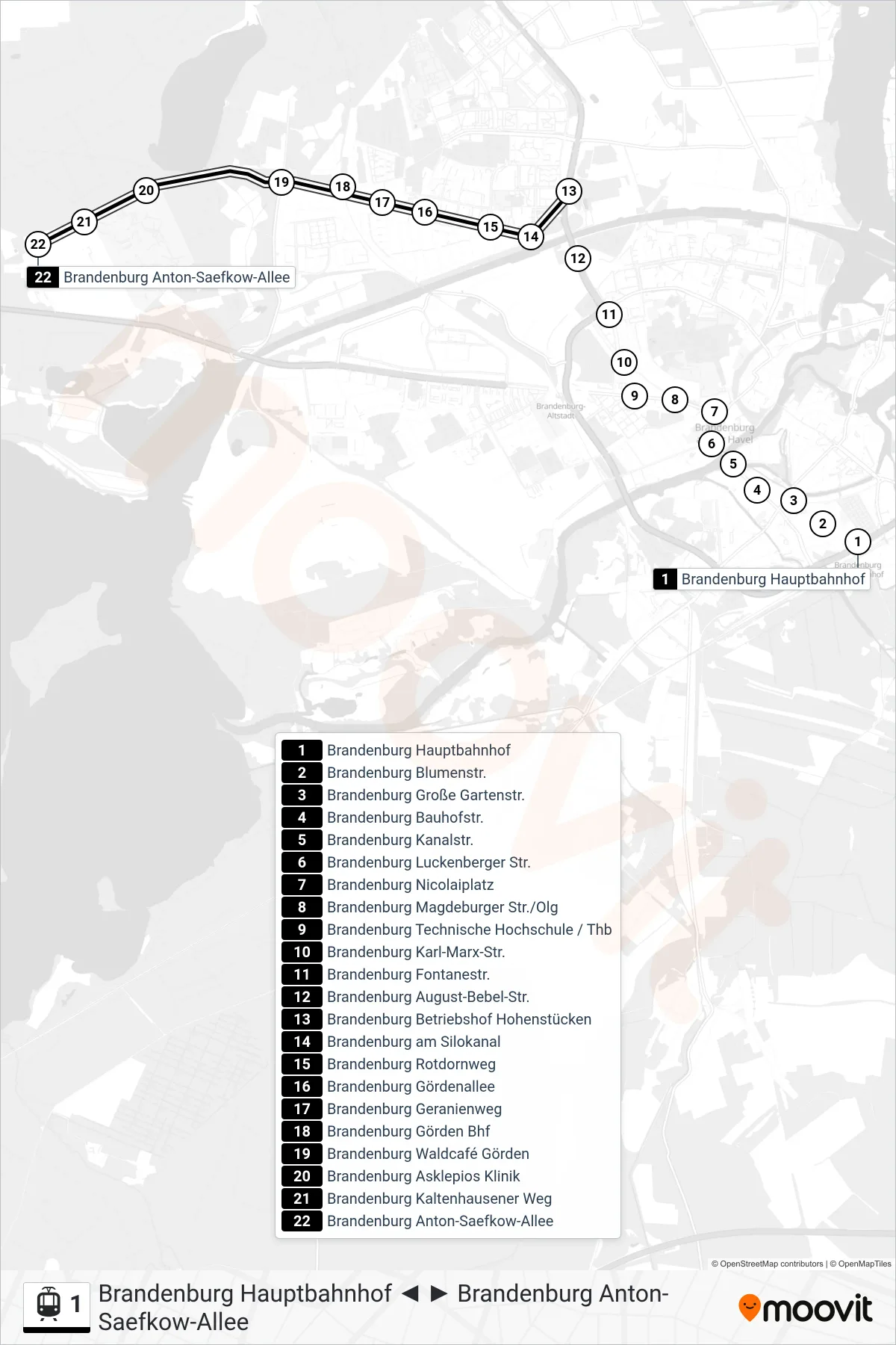Linie 1 (Straßenbahn) Richtung Brandenburg Anton-Saefkow-Allee: Route und Haltestellen auf der Karte