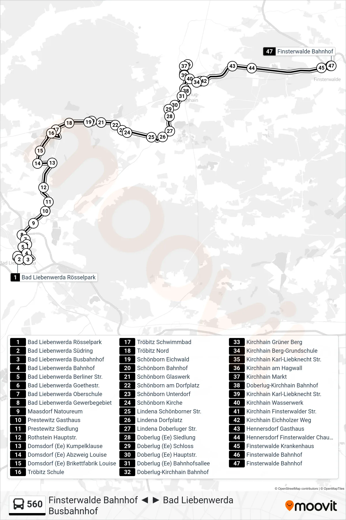 Linie 560 (Bus) Richtung Finsterwalde Bahnhof: Route und Haltestellen auf der Karte
