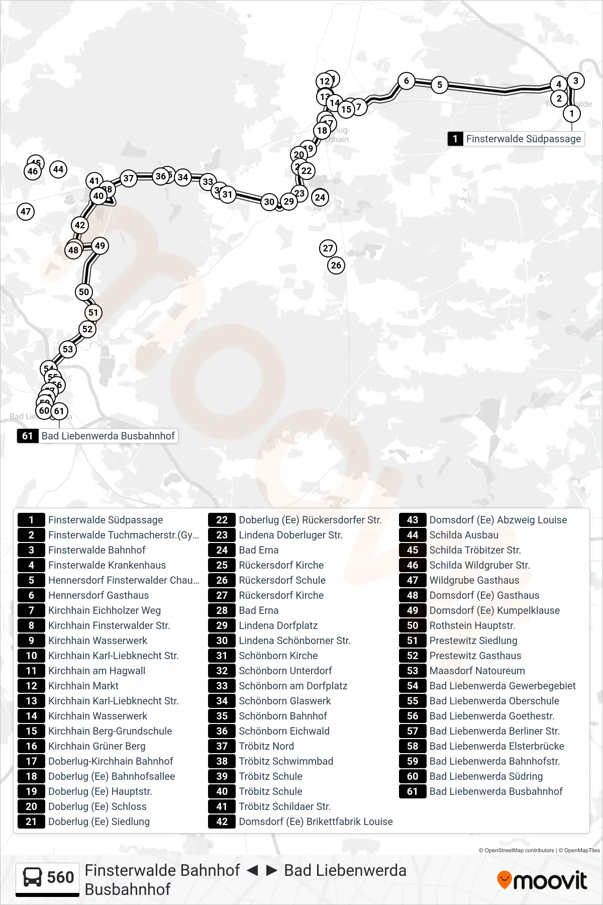 Linie 560 (Bus) Richtung Bad Liebenwerda Busbahnhof: Route und Haltestellen auf der Karte