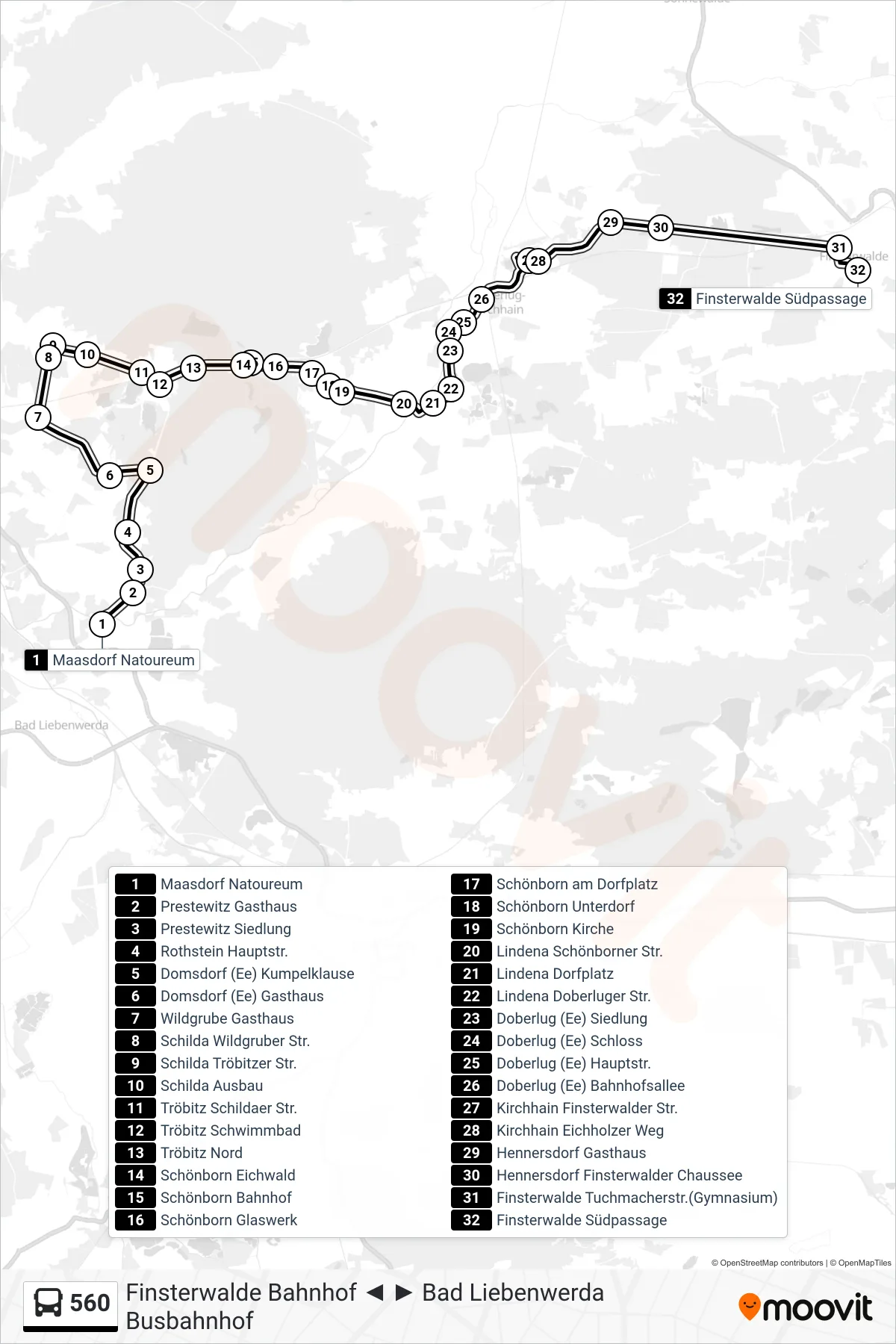 Linie 560 (Bus) Richtung Finsterwalde Südpassage: Route und Haltestellen auf der Karte