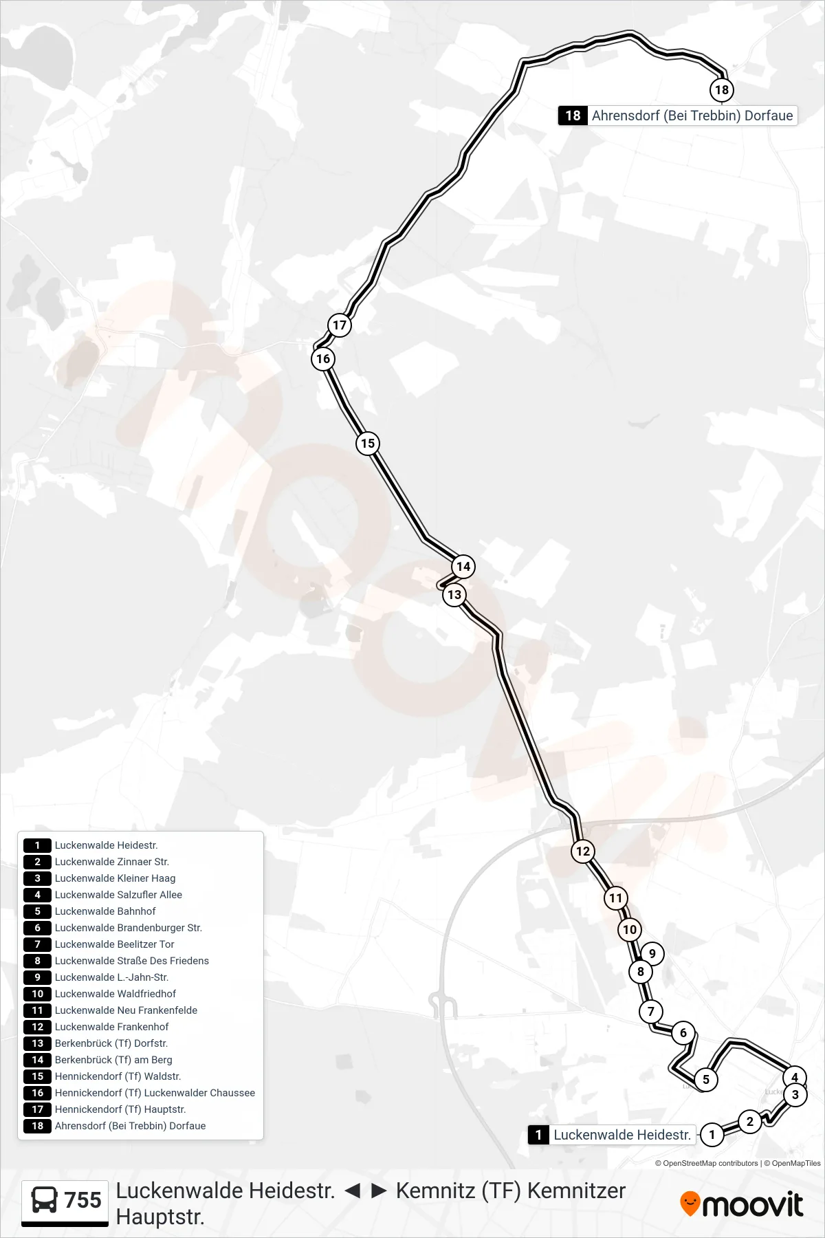 Linie 755 (Bus) Richtung Ahrensdorf (Bei Trebbin) Dorfaue: Route und Haltestellen auf der Karte
