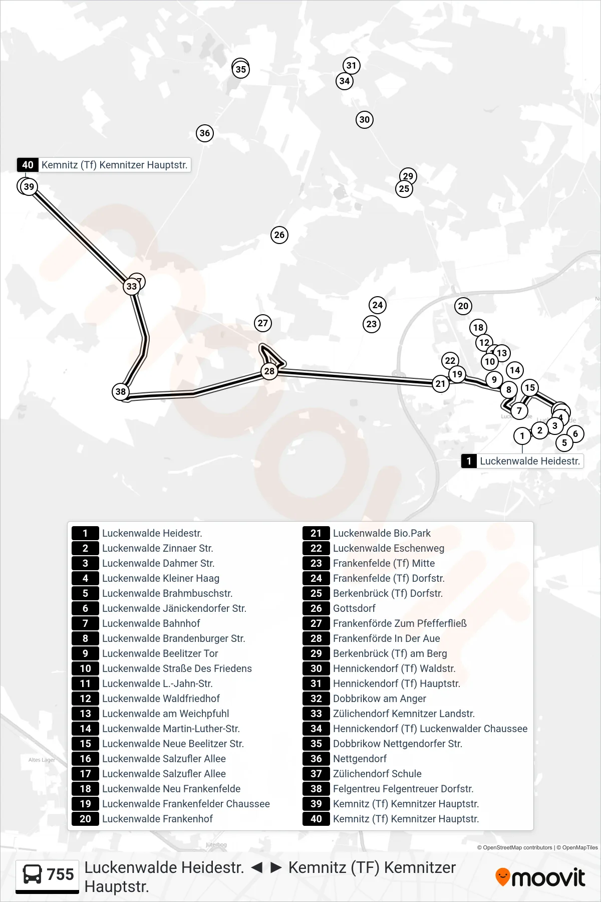 Linie 755 (Bus) Richtung Kemnitz (Tf) Kemnitzer Hauptstr.: Route und Haltestellen auf der Karte