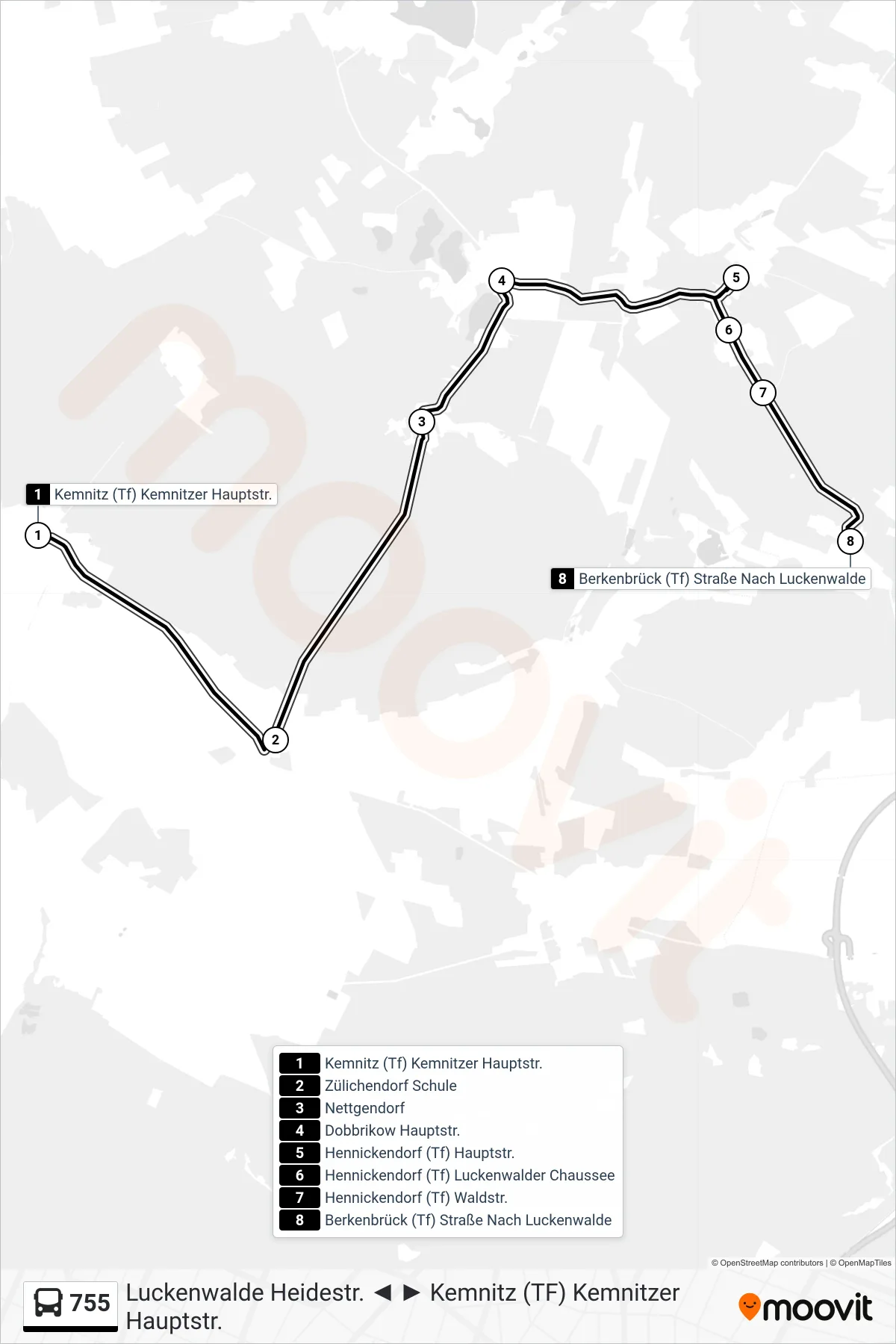 Linie 755 (Bus) Richtung Berkenbrück (Tf) Straße Nach Luckenwalde: Route und Haltestellen auf der Karte