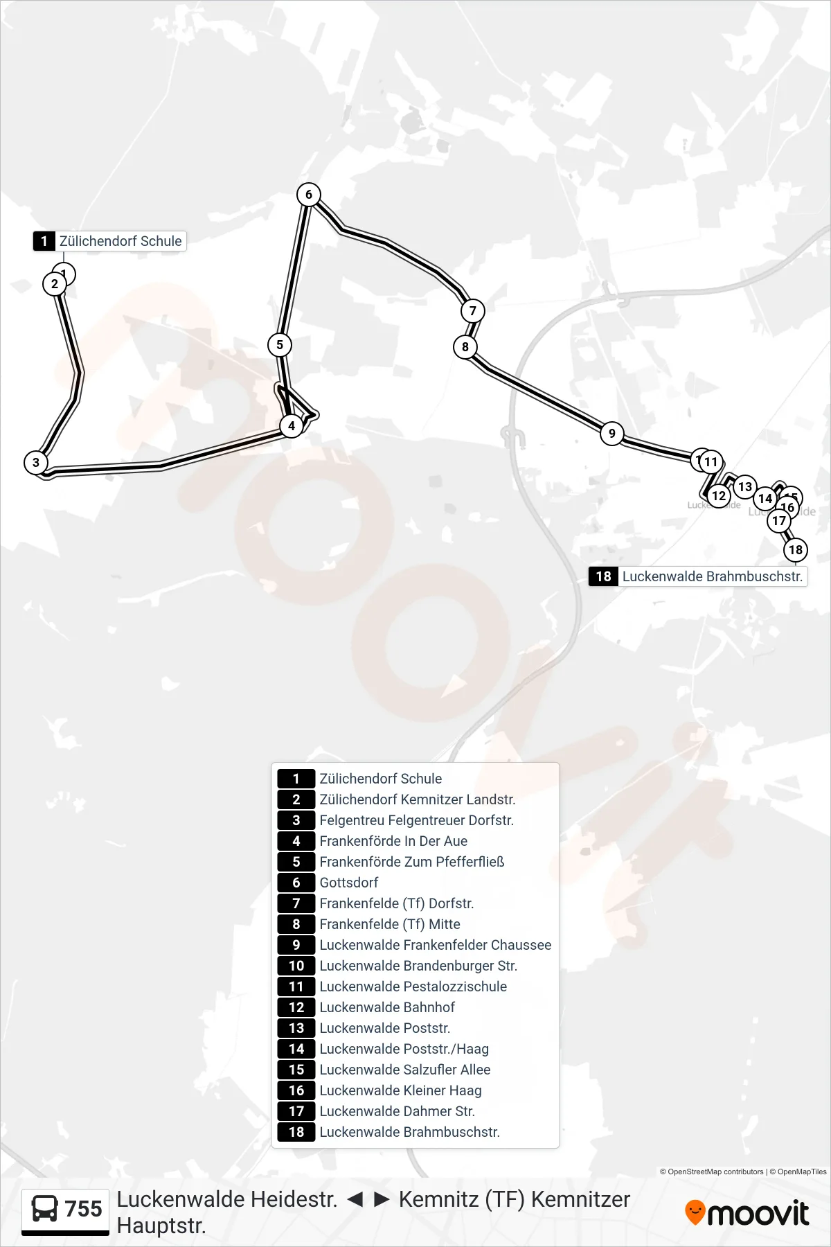 Linie 755 (Bus) Richtung Luckenwalde Brahmbuschstr.: Route und Haltestellen auf der Karte