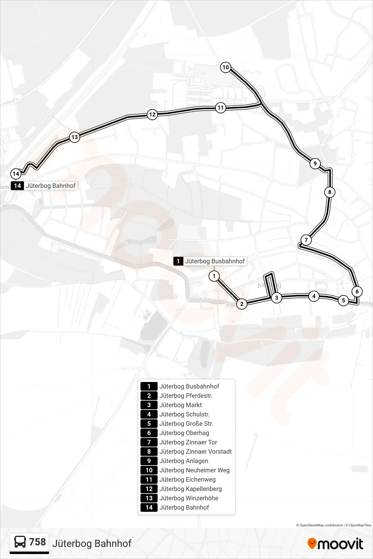 758 bus Line (Jüterbog Bahnhof) route and stops on a map