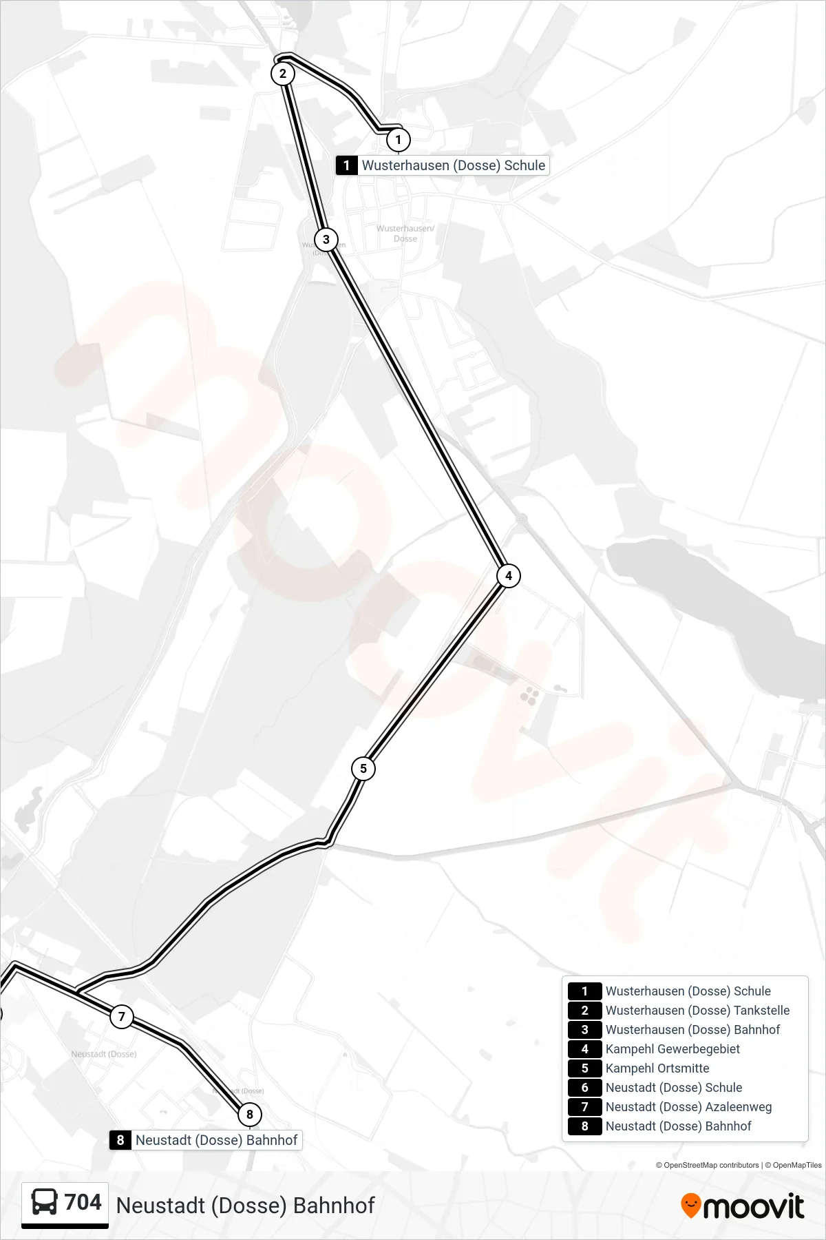 Linie 704 (Bus) Richtung Neustadt (Dosse) Bahnhof: Route und Haltestellen auf der Karte