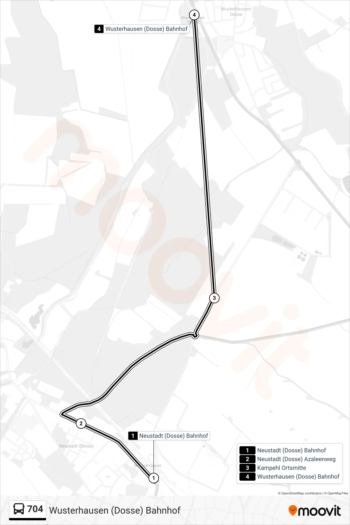 Linie 704 (Bus) Richtung Wusterhausen (Dosse) Bahnhof: Route und Haltestellen auf der Karte