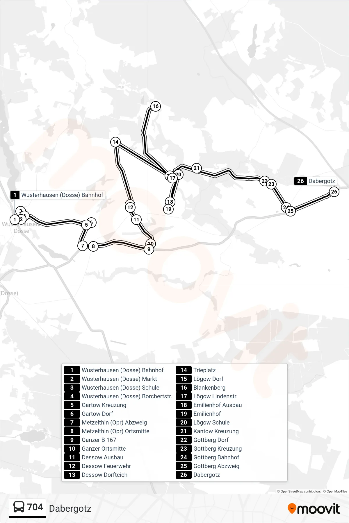Linie 704 (Bus) Richtung Dabergotz: Route und Haltestellen auf der Karte