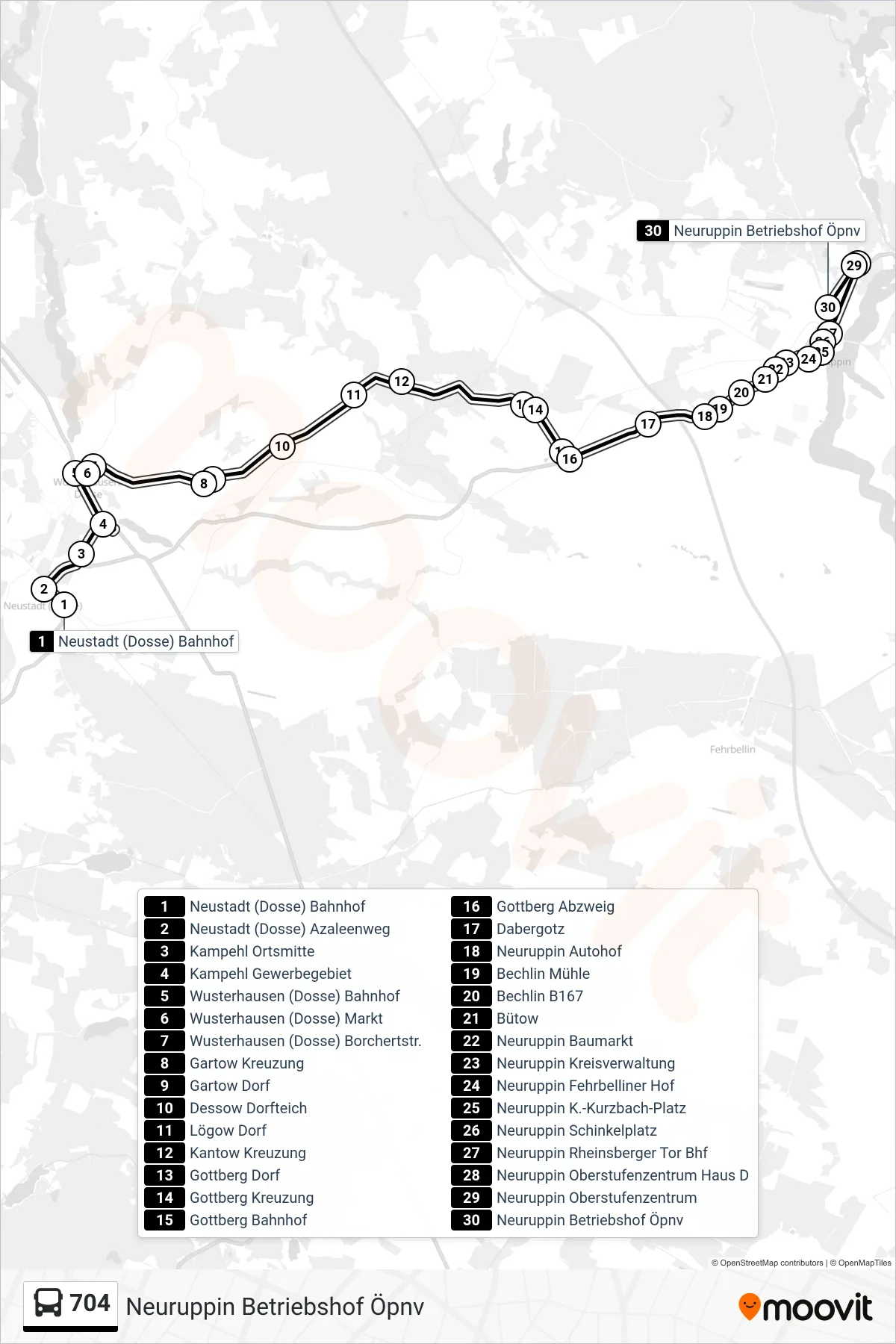 Linie 704 (Bus) Richtung Neuruppin Betriebshof Öpnv: Route und Haltestellen auf der Karte
