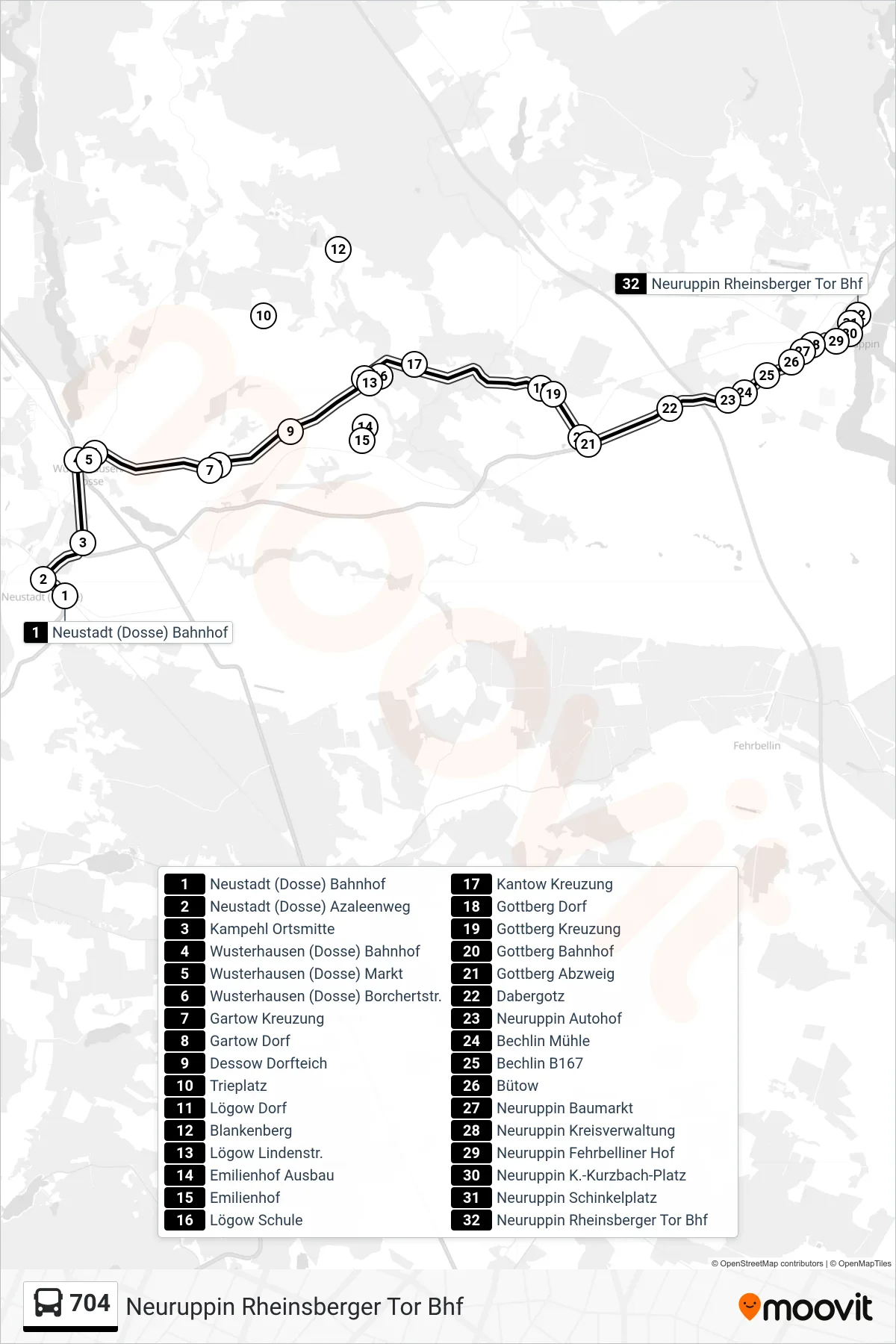 Linie 704 (Bus) Richtung Neuruppin Rheinsberger Tor Bhf: Route und Haltestellen auf der Karte