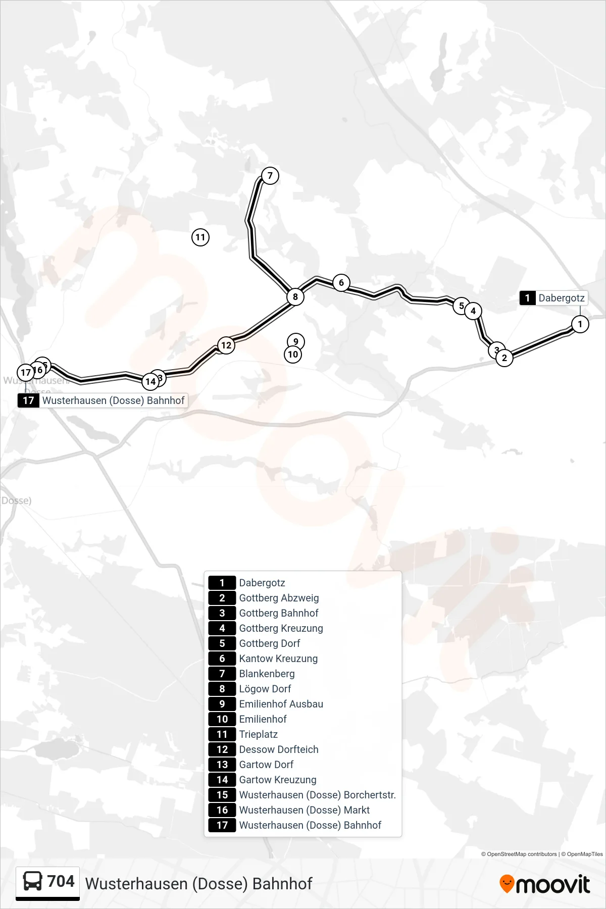 Linie 704 (Bus) Richtung Wusterhausen (Dosse) Bahnhof: Route und Haltestellen auf der Karte