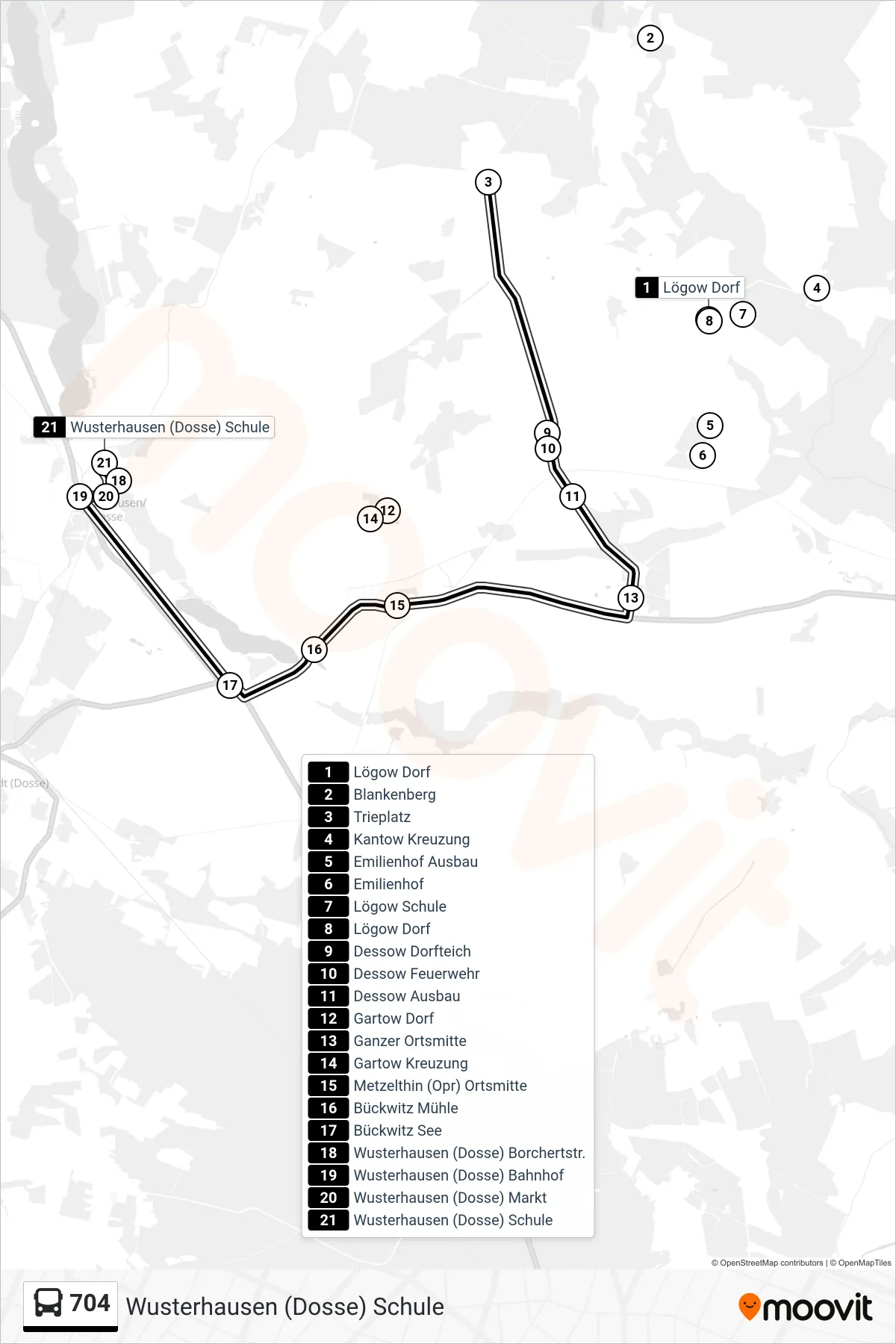 Linie 704 (Bus) Richtung Wusterhausen (Dosse) Schule: Route und Haltestellen auf der Karte