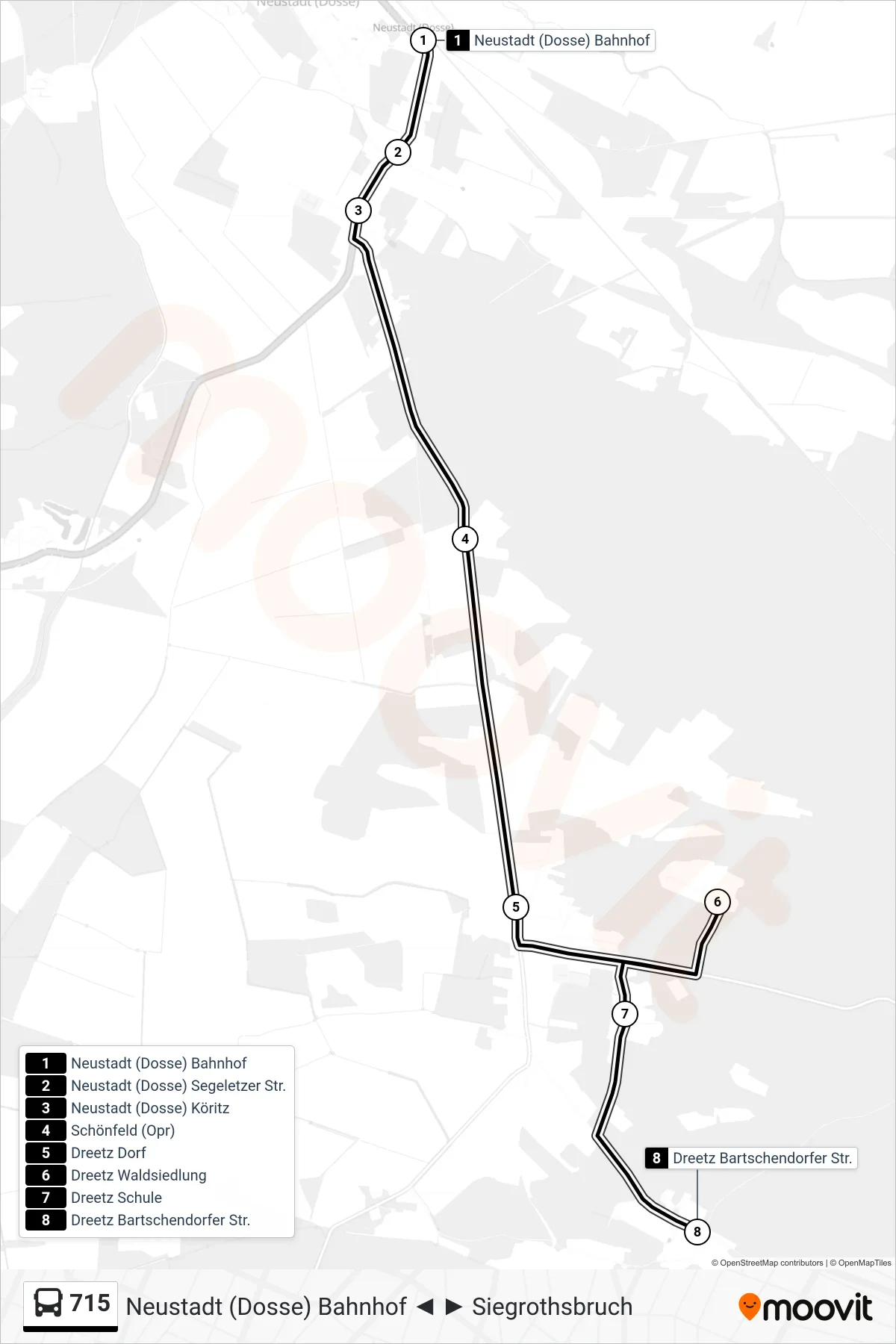 Linie 715 (Bus) Richtung Dreetz Bartschendorfer Str.: Route und Haltestellen auf der Karte
