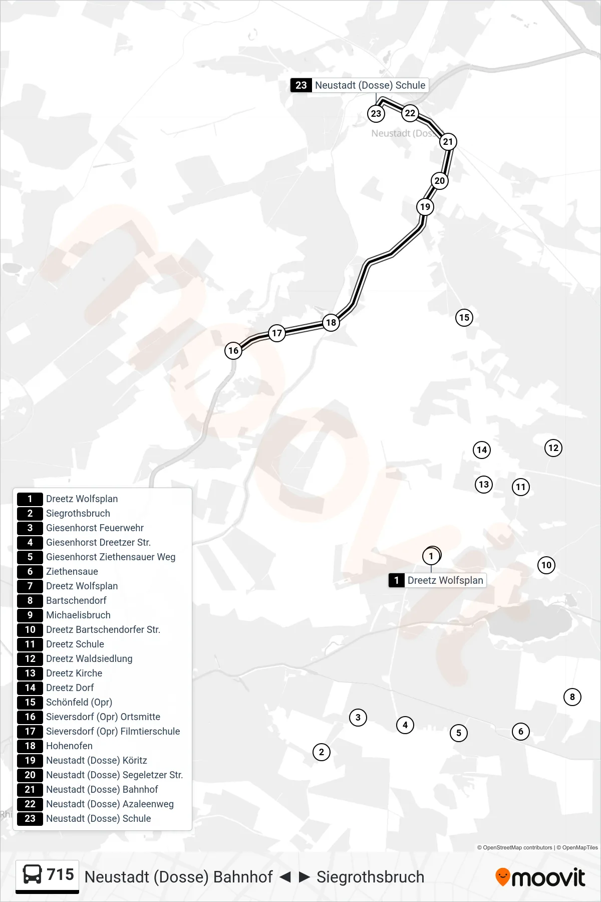 Linie 715 (Bus) Richtung Neustadt (Dosse) Schule: Route und Haltestellen auf der Karte