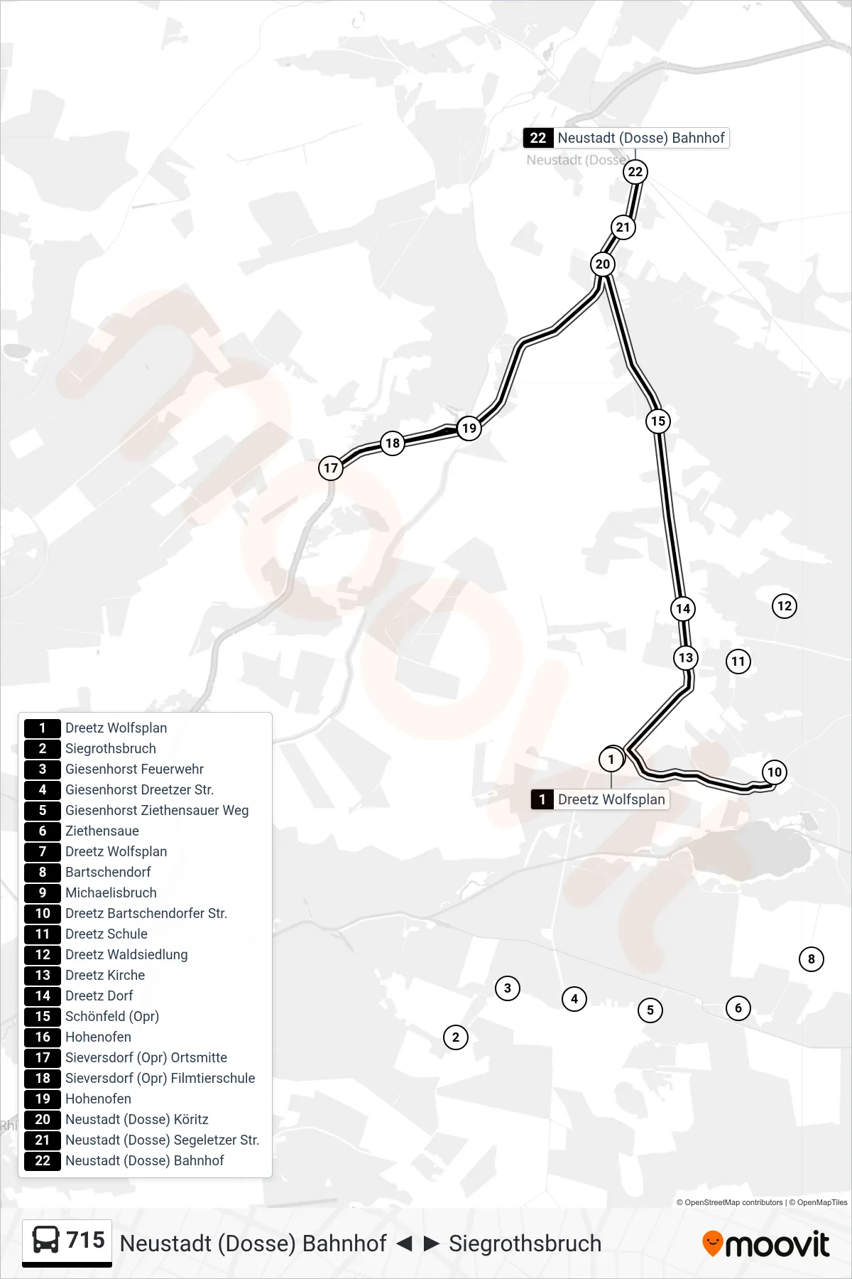 Linie 715 (Bus) Richtung Neustadt (Dosse) Bahnhof: Route und Haltestellen auf der Karte